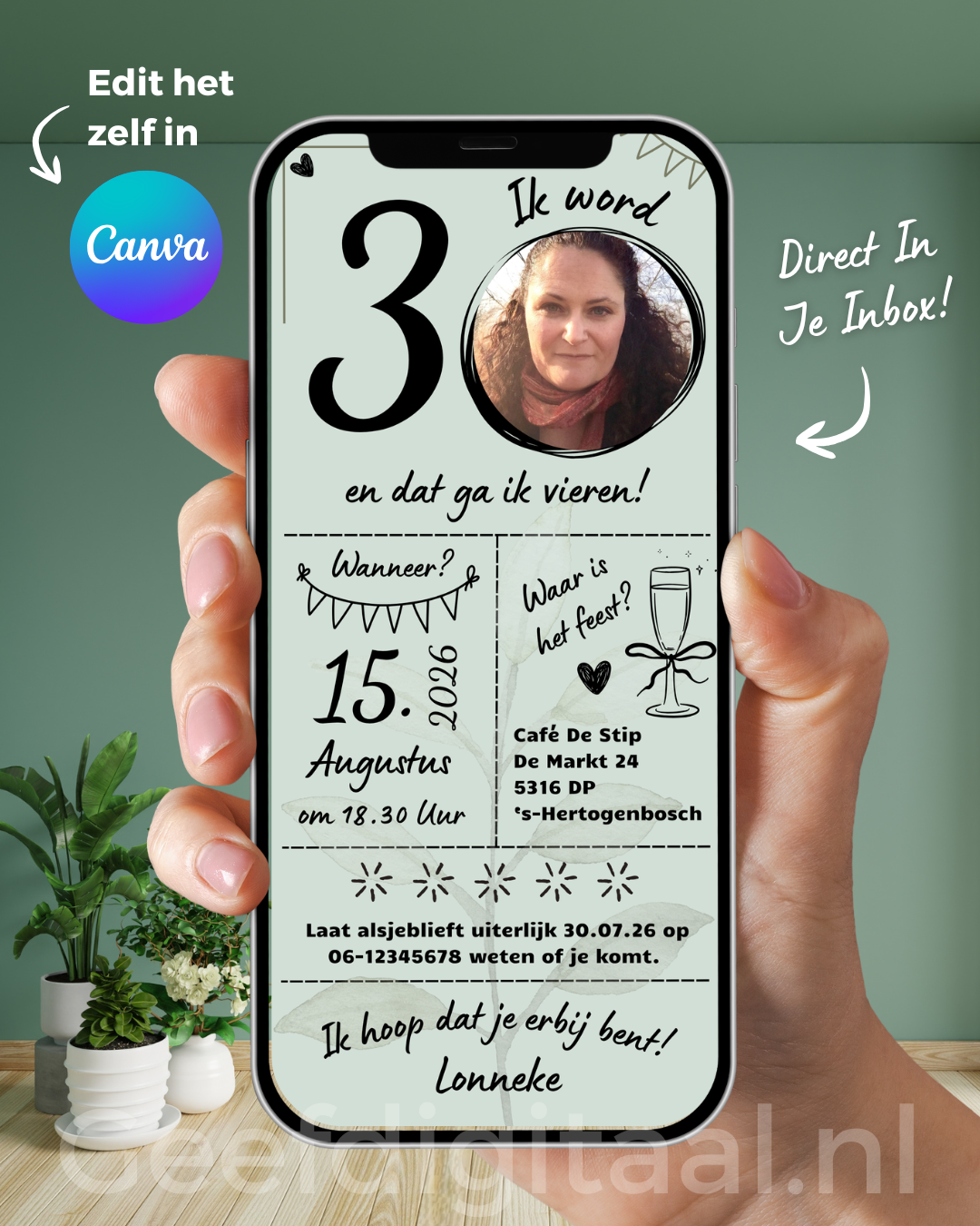 Koop één keer een link voor mijn uitnodiging 30 jaar E-Card, bewerk deze in Canva en verstuur het naar al je gasten!