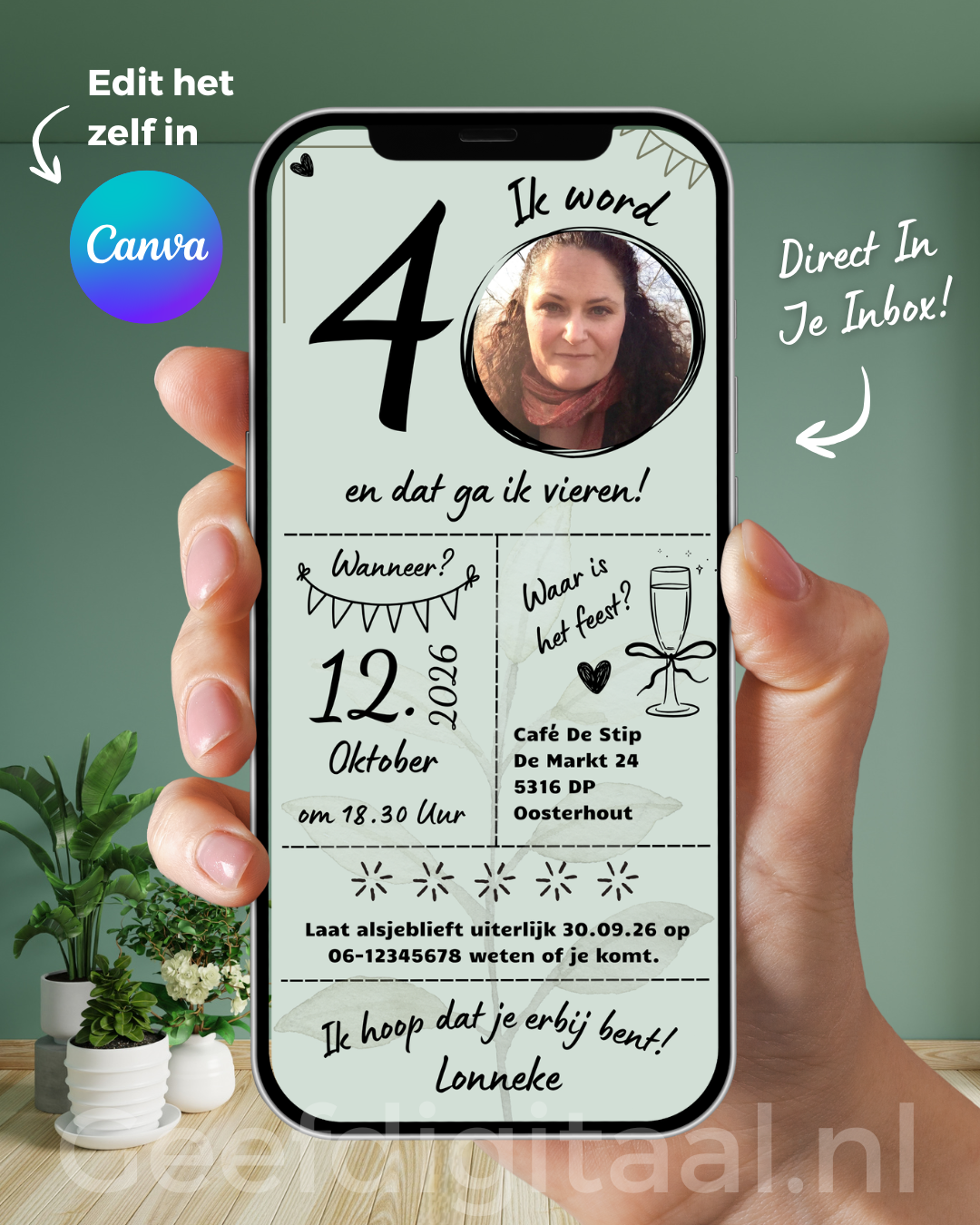 Koop één keer een link voor mijn uitnodiging 40 jaar E-Card, bewerk deze in Canva en verstuur het naar al je gasten!