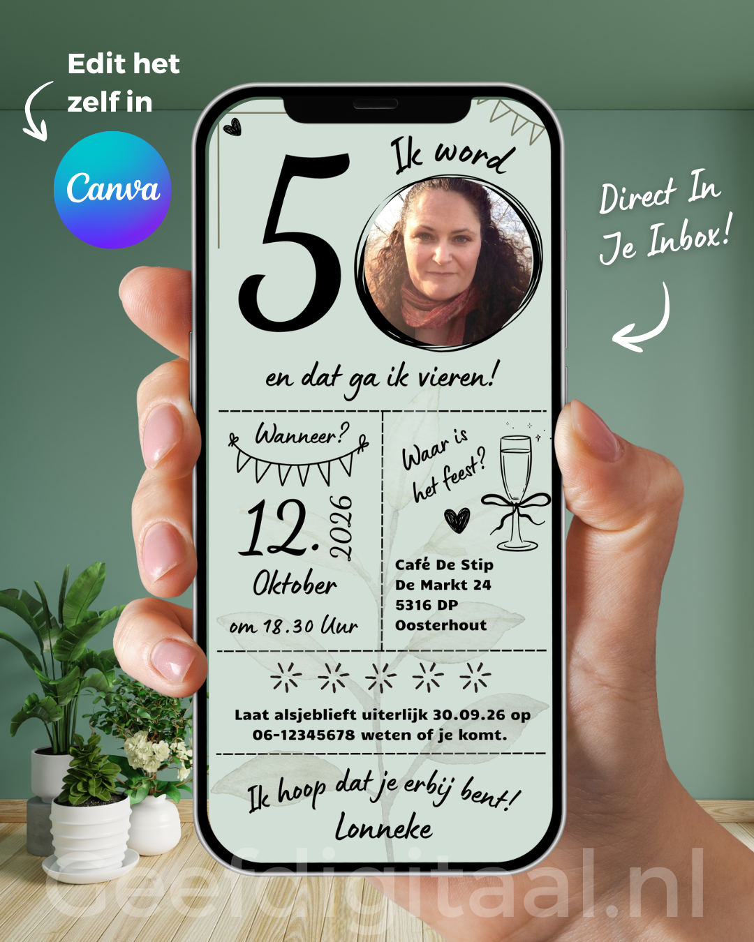 Koop één keer een link voor mijn uitnodiging 50 jaar E-Card, bewerk deze in Canva en verstuur het naar al je gasten!