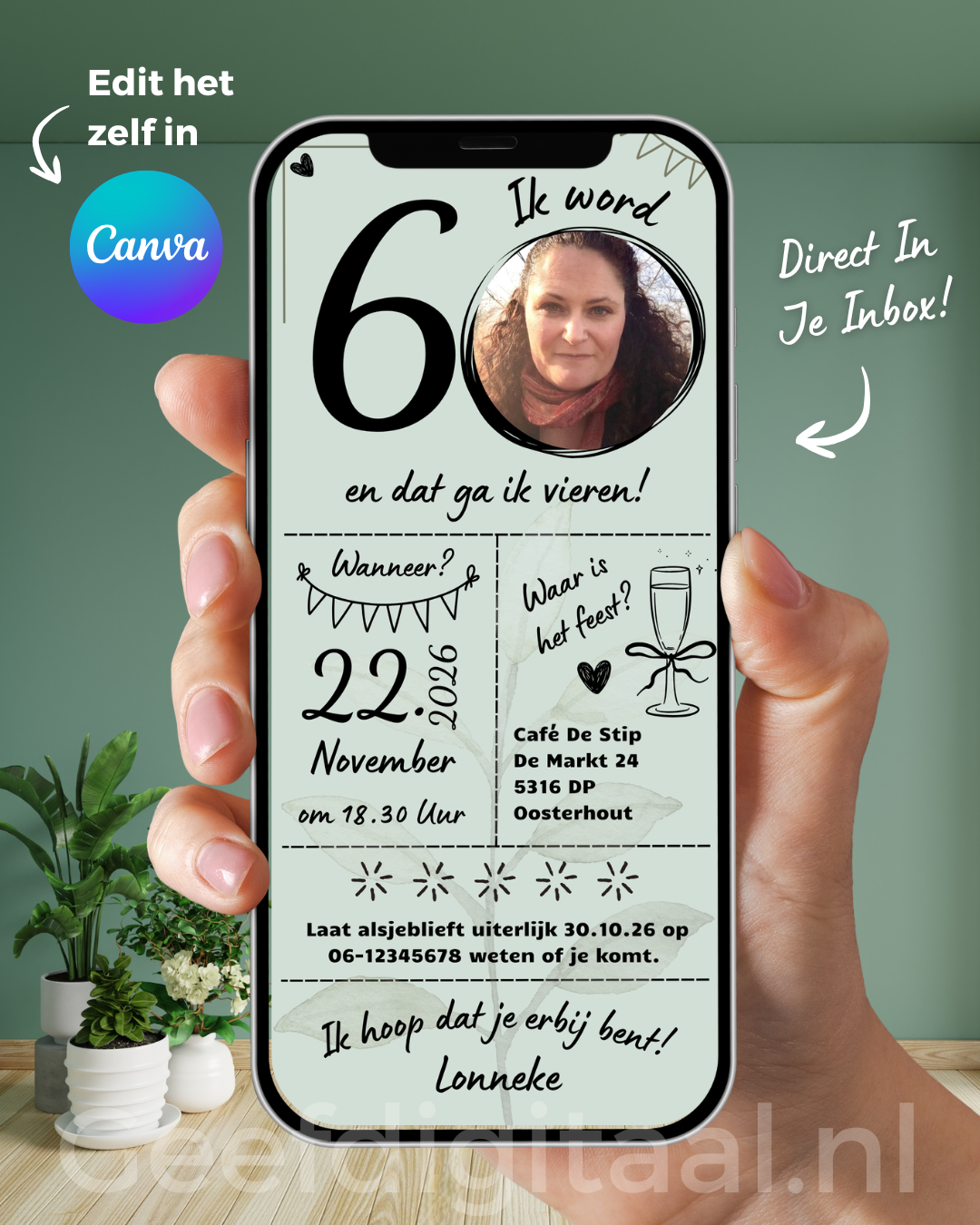 Koop één keer een link voor mijn uitnodiging 60 jaar E-Card, bewerk deze in Canva en verstuur het naar al je gasten!