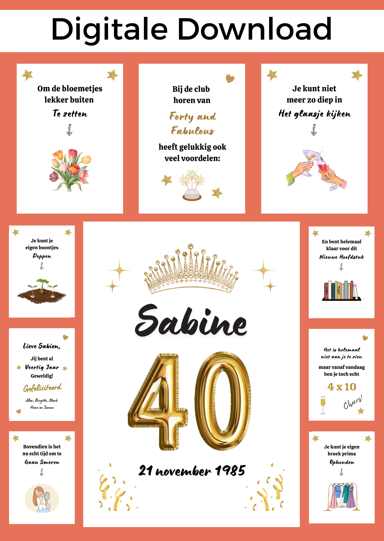 Bonboekje een vrouw die 40 jaar wordt. Een printbaar bestand, wat je zelf kunt uitprinten en in een insteek fotomapje doet samen met cadeaubonnen. Het bestand is bewerkbaar in Canva om te personaliseren.