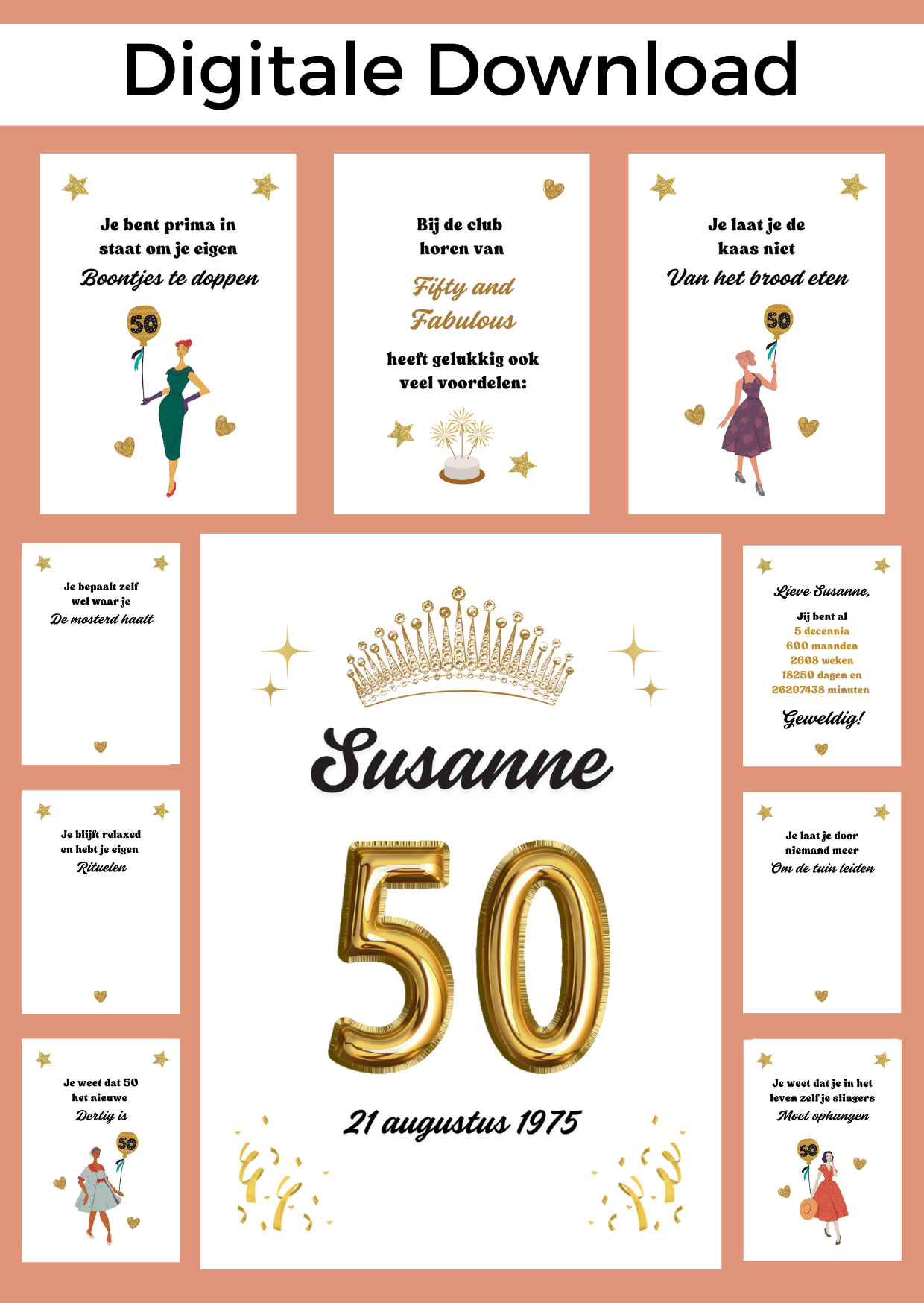 Bonboekje voor een vrouw die 50 jaar wordt. Een printbaar bestand, wat je zelf kunt uitprinten en in een insteek fotomapje doet samen met cadeaubonnen. Het bestand is bewerkbaar in Canva om te personaliseren.