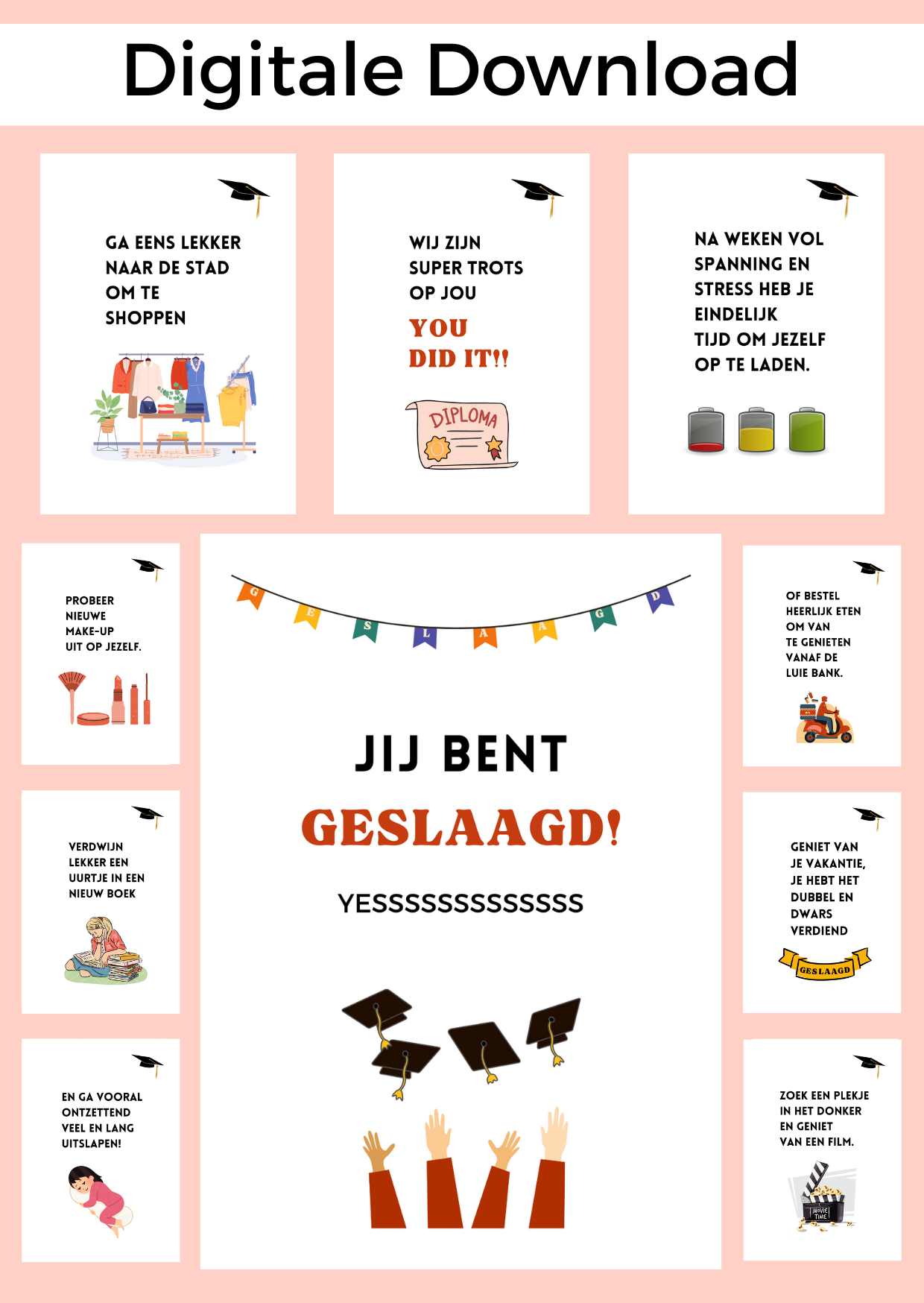 Bonboekje voor een meisje dat geslaagd is. Een printbaar bestand, wat je zelf kunt uitprinten en in een insteek fotomapje doet samen met cadeaubonnen. Het bestand is bewerkbaar in Canva om te personaliseren.