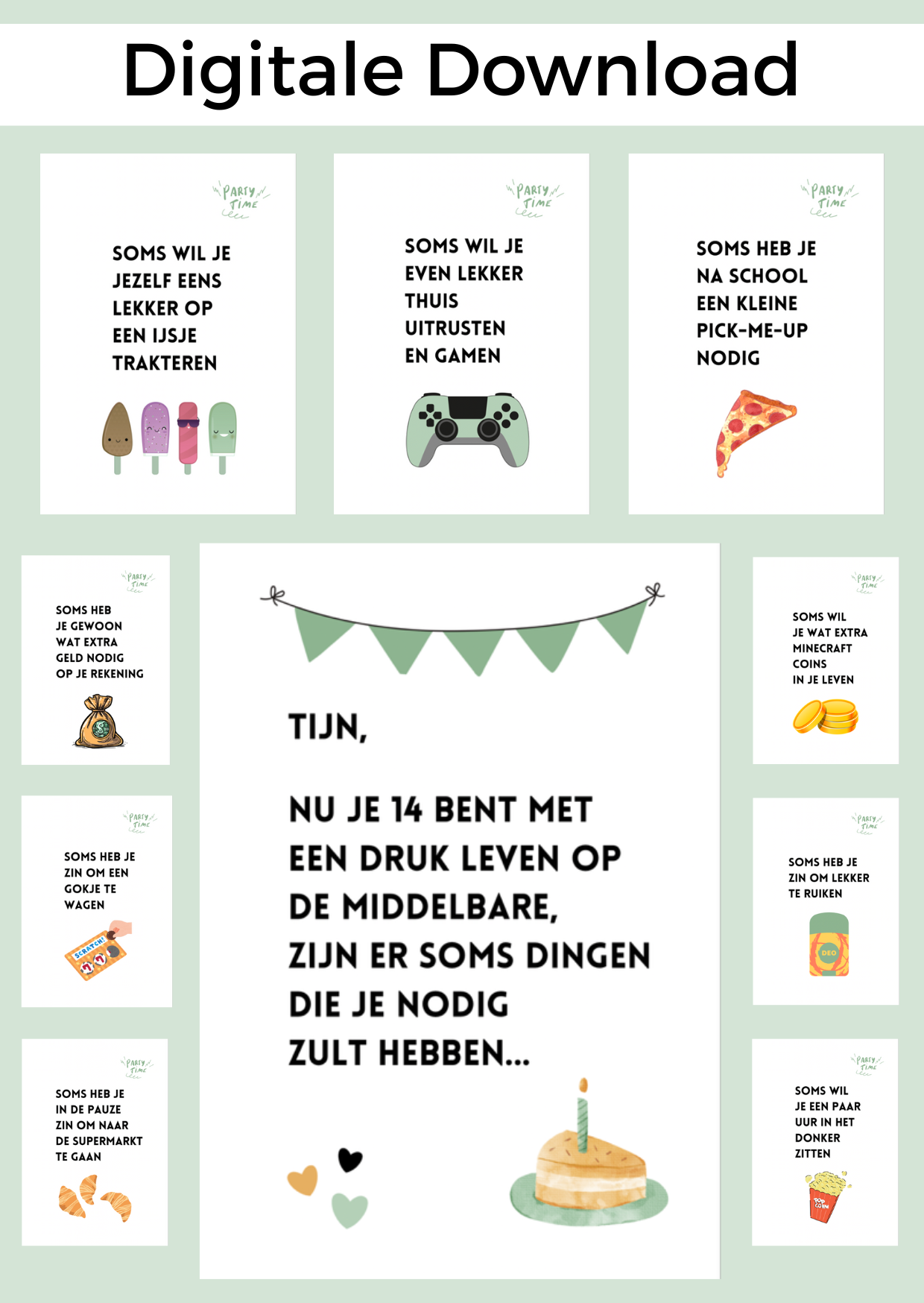 Bonboekje voor een jarige puber jongen. Een printbaar bestand, wat je zelf kunt uitprinten en in een insteek fotomapje doet samen met cadeaubonnen. Het bestand is bewerkbaar in Canva om te personaliseren.