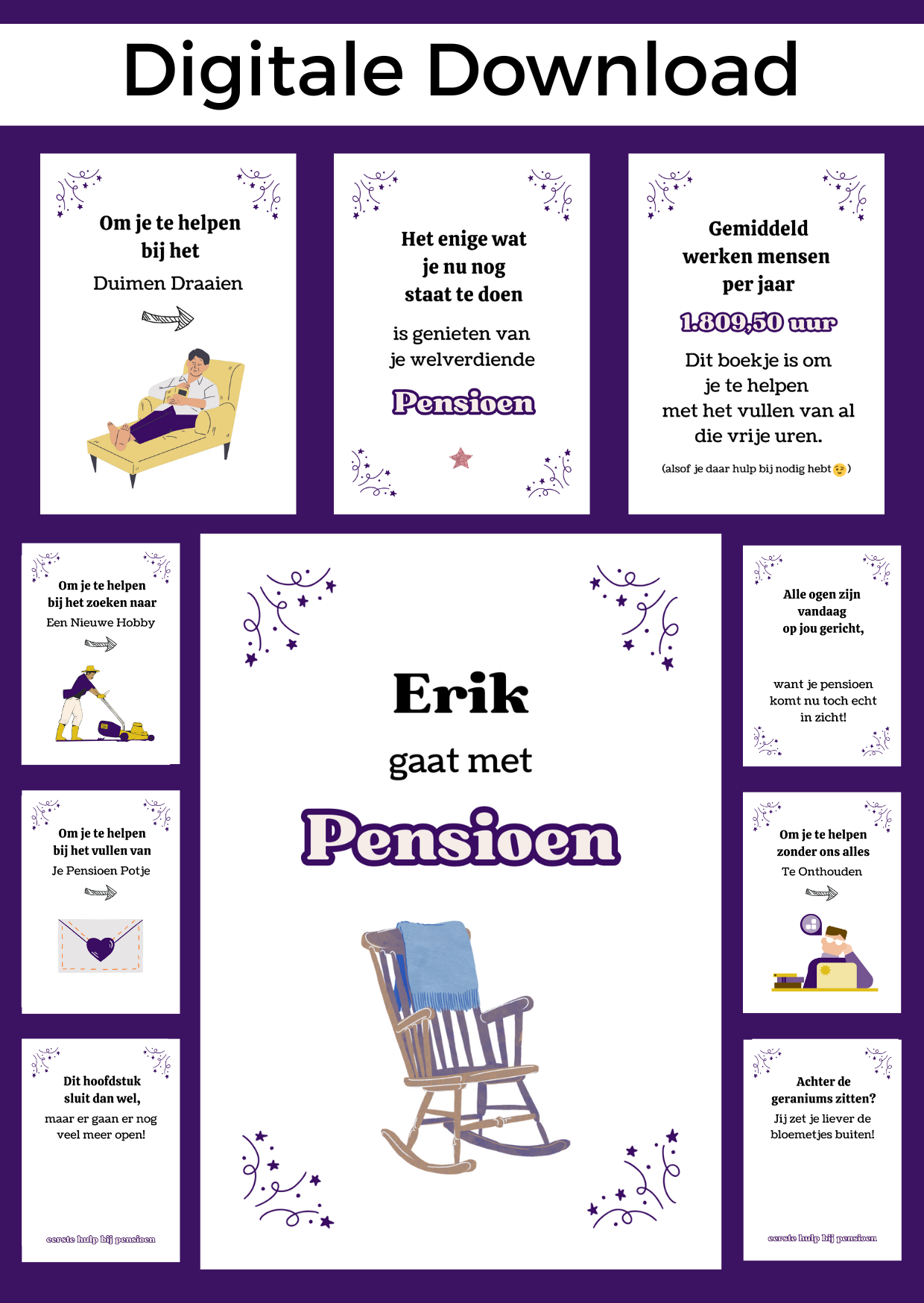 Bonboekje voor als je vriend of collega met pensioen gaat. Een printbaar bestand, wat je zelf kunt uitprinten en in een insteek fotomapje doet samen met cadeaubonnen. Het bestand is bewerkbaar in Canva om te personaliseren.