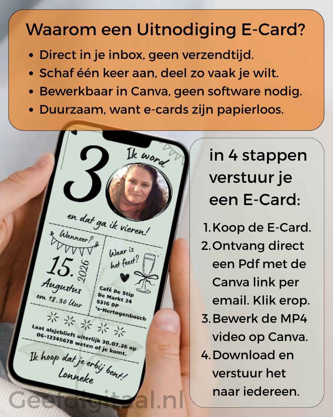 Koop één keer een link voor mijn uitnodiging E-Card, bewerk deze in Canva en verstuur het naar al je gasten!