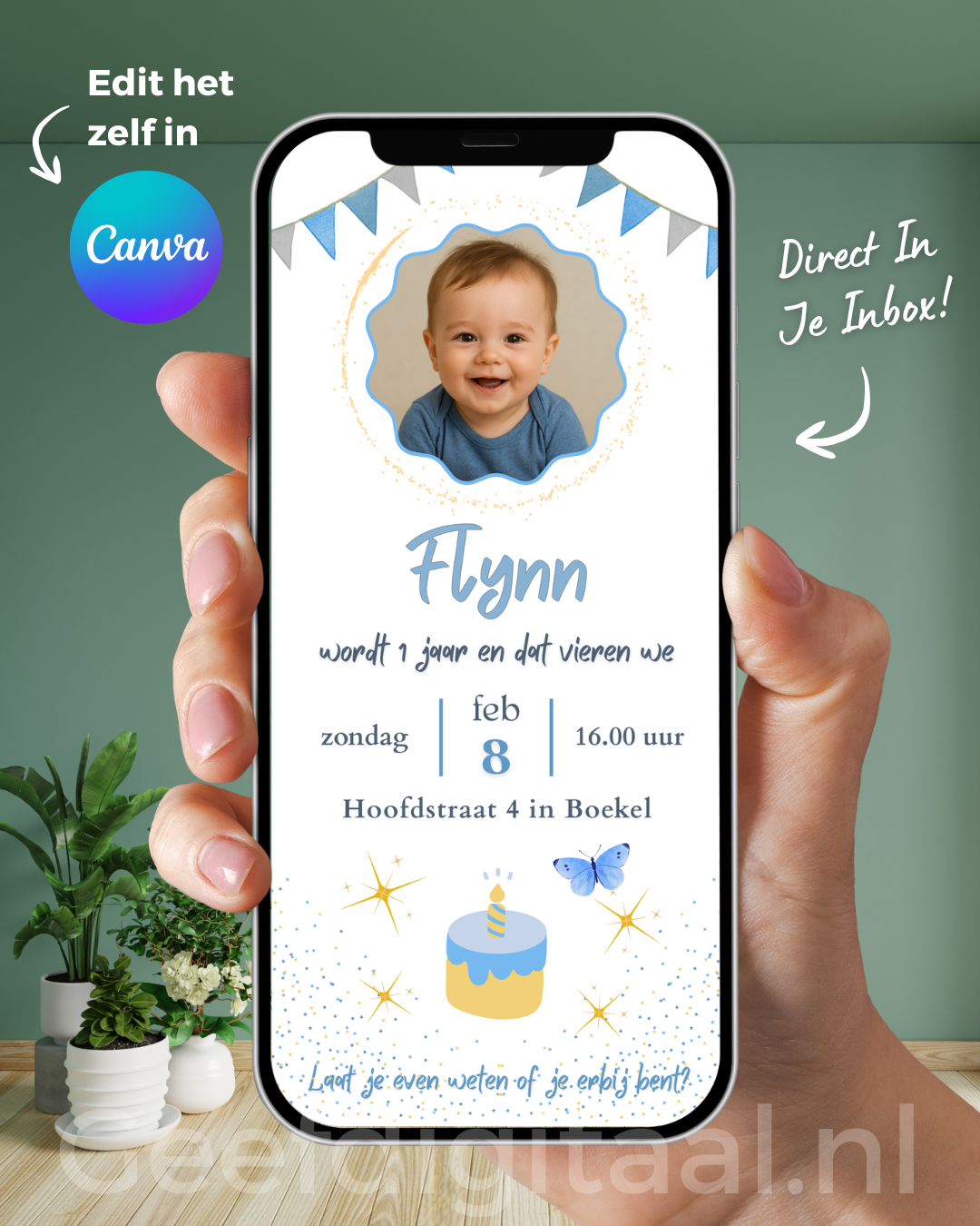 Koop één keer een link voor mijn uitnodiging 1 jaar blauw E-Card, bewerk deze in Canva en verstuur het naar al je gasten!