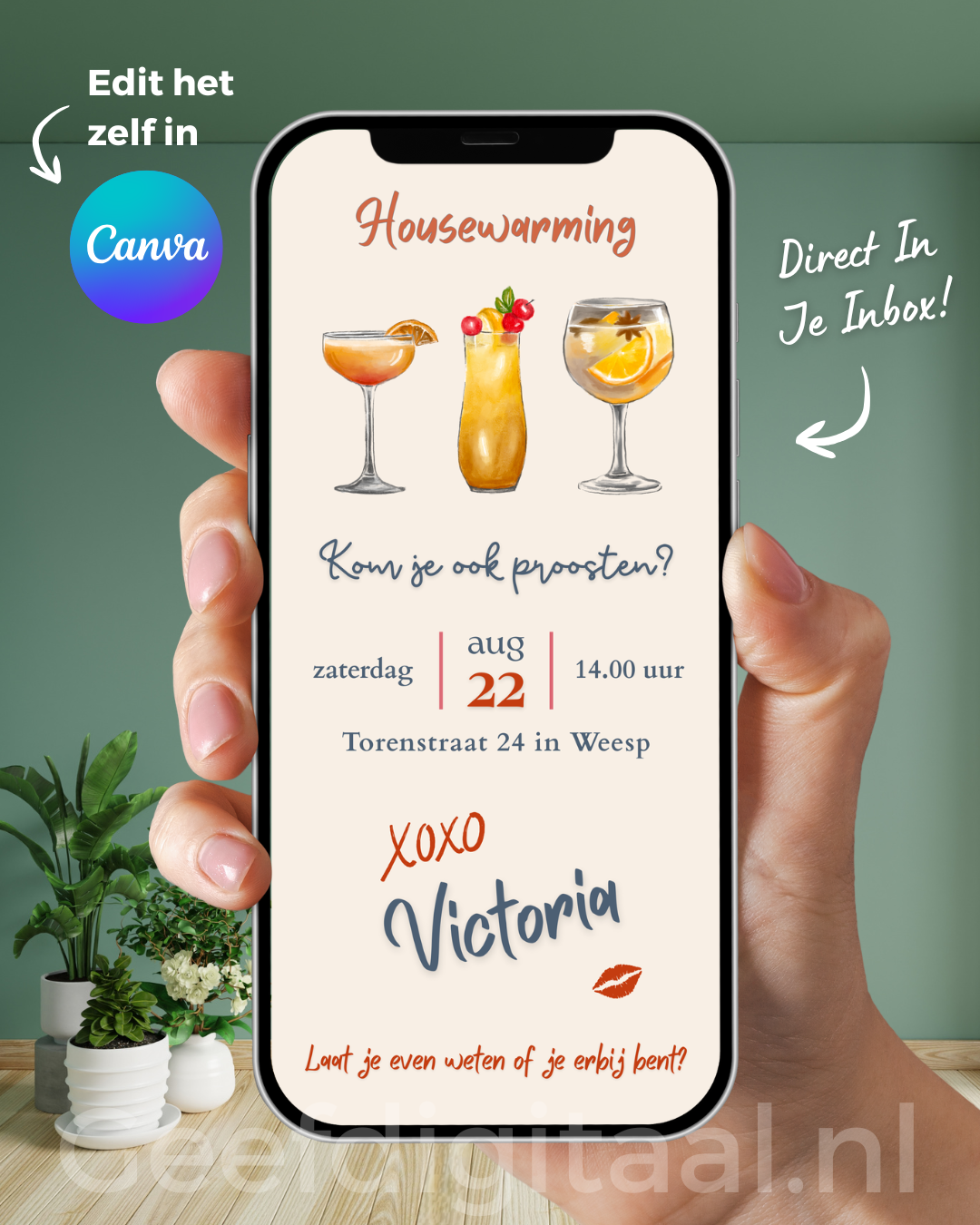 Koop één keer een link voor mijn uitnodiging housewarming cocktails E-Card, bewerk deze in Canva en verstuur het naar al je gasten!