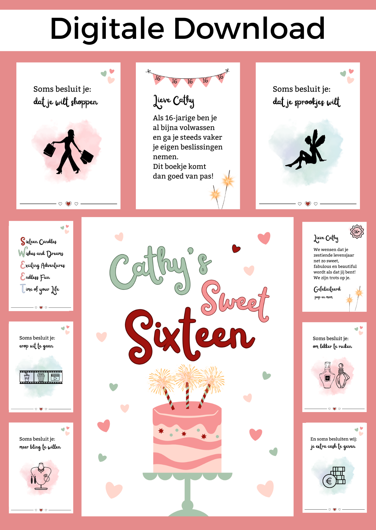 Bonboekje sweet 16 voor een jarig meisje. Een printbaar bestand, wat je zelf kunt uitprinten en in een insteek fotomapje doet samen met cadeaubonnen. Het bestand is bewerkbaar in Canva om te personaliseren.