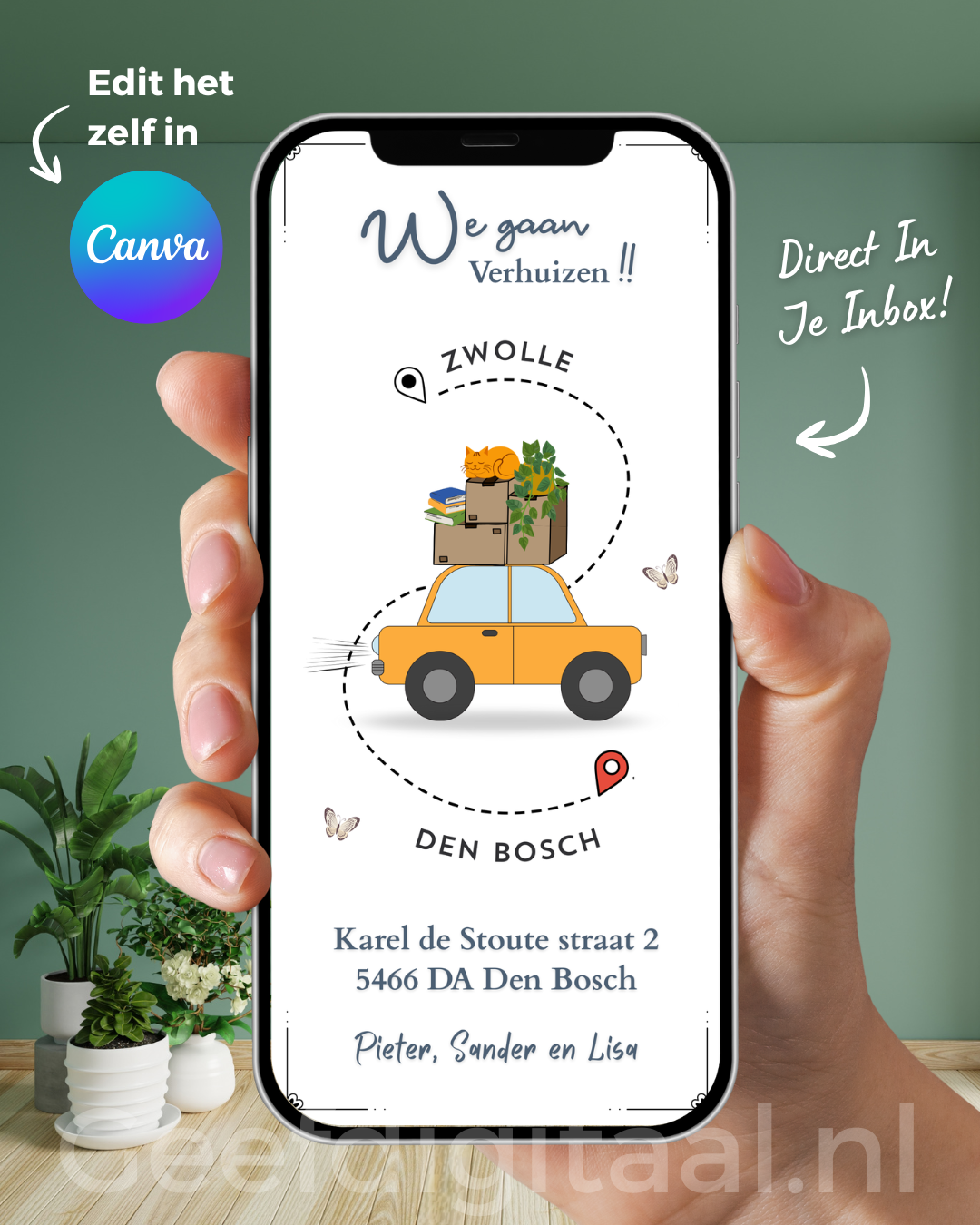 Koop één keer een link voor mijn Verhuisbericht Route E-Card, bewerk deze in Canva en verstuur het naar al je gasten!