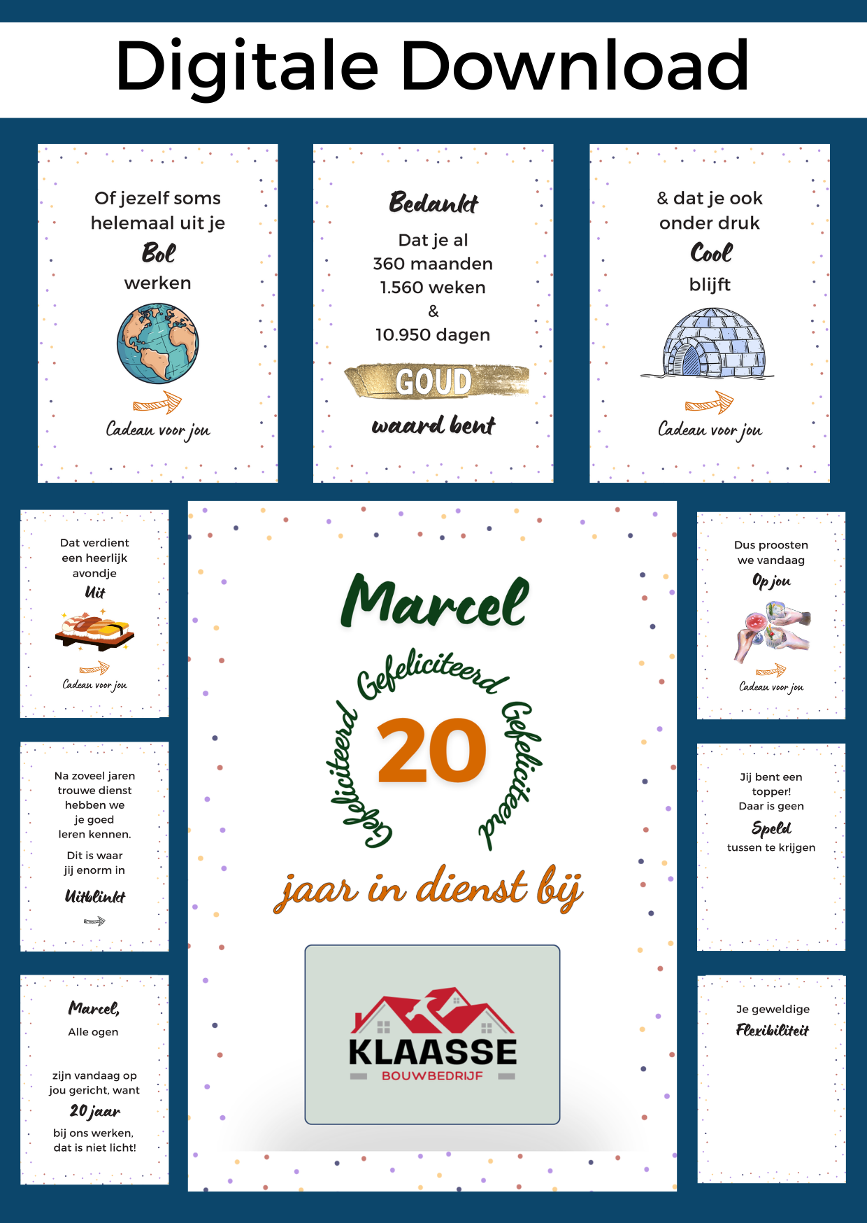 Bonboekje voor iemand die al 20 jaar in dienst is. Een printbaar bestand, wat je zelf kunt uitprinten en in een insteek fotomapje doet samen met cadeaubonnen. Het bestand is bewerkbaar in Canva om te personaliseren.