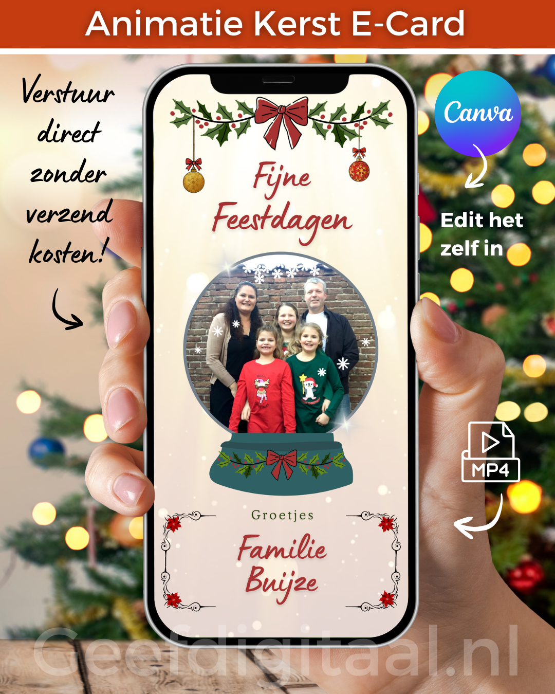 Kerst E-card Foto. Bij geefdigitaal vind je E-cards om zonder verzendkosten te sturen voor de feestdagen. Direct in je inbox. snel en simpel. Je betaald het één keer, maar kunt het versturen zo vaak je maar wilt!