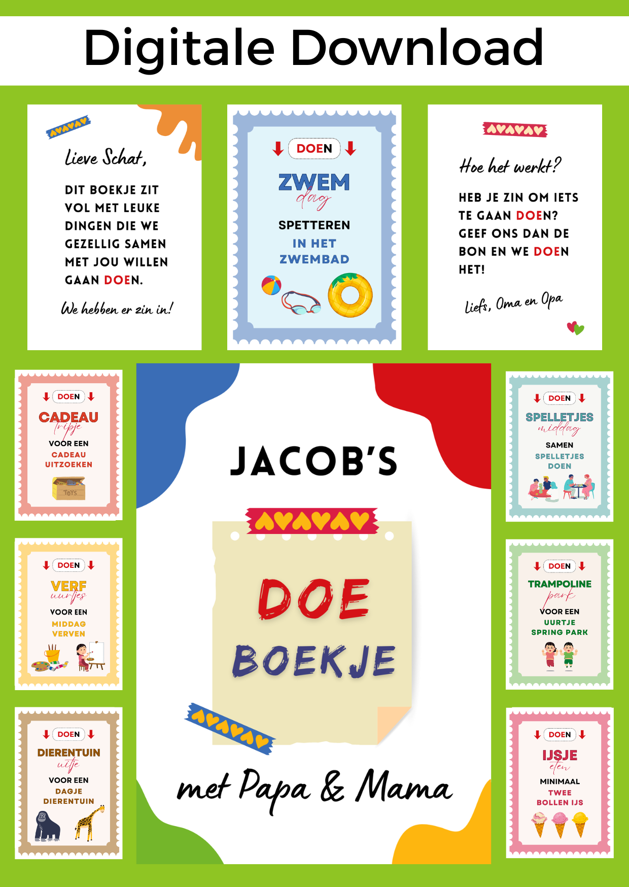 Kind Doeboekje Papa Mama is een digitale download. Om het doeboekje te maken, print je de vellen uit en doe je ze in een insteek fotoalbum. Je kunt alle dertien doe-activiteiten in het boekje doen, maar natuurlijk ook kiezen welke het beste bij jouw kind passen.