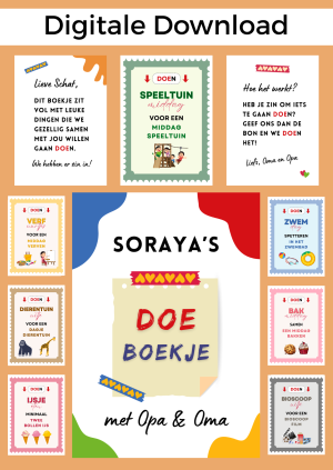 Kind Doeboekje Opa Oma is een digitale download. Om het doeboekje te maken, print je de vellen uit en doe je ze in een insteek fotoalbum. Je kunt alle dertien doe-activiteiten in het boekje doen, maar natuurlijk ook kiezen welke het beste bij jouw kleinkind passen.