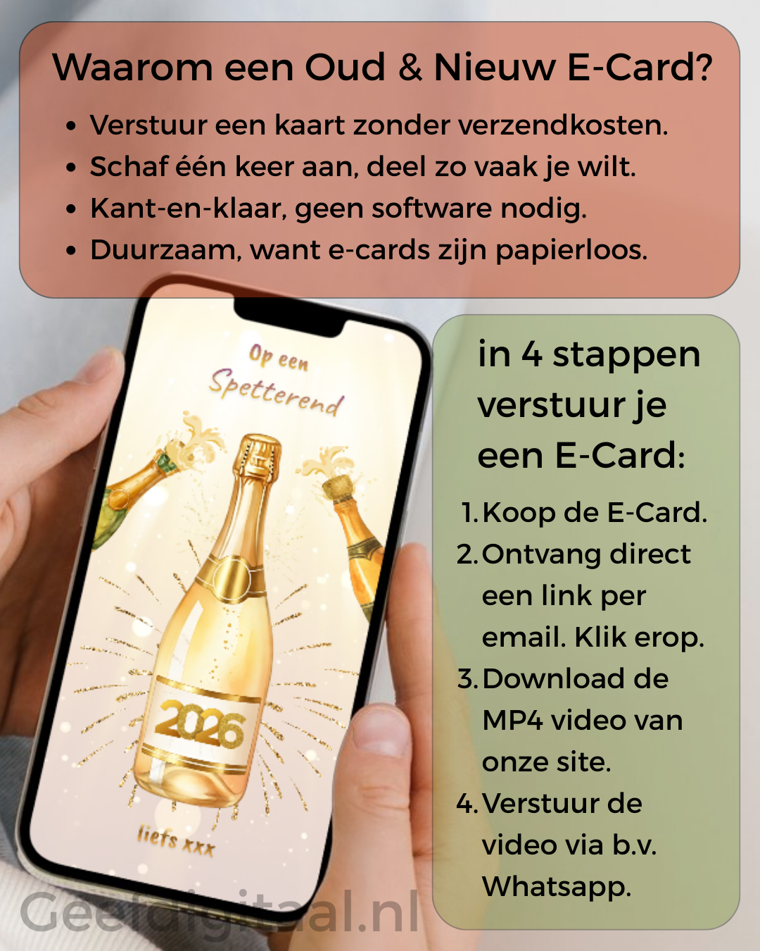 Oud & Nieuw E-card. Bij geefdigitaal vind je E-cards om zonder verzendkosten te sturen voor de feestdagen. Direct in je inbox. snel en simpel. Je betaald het één keer, maar kunt het versturen zo vaak je maar wilt!