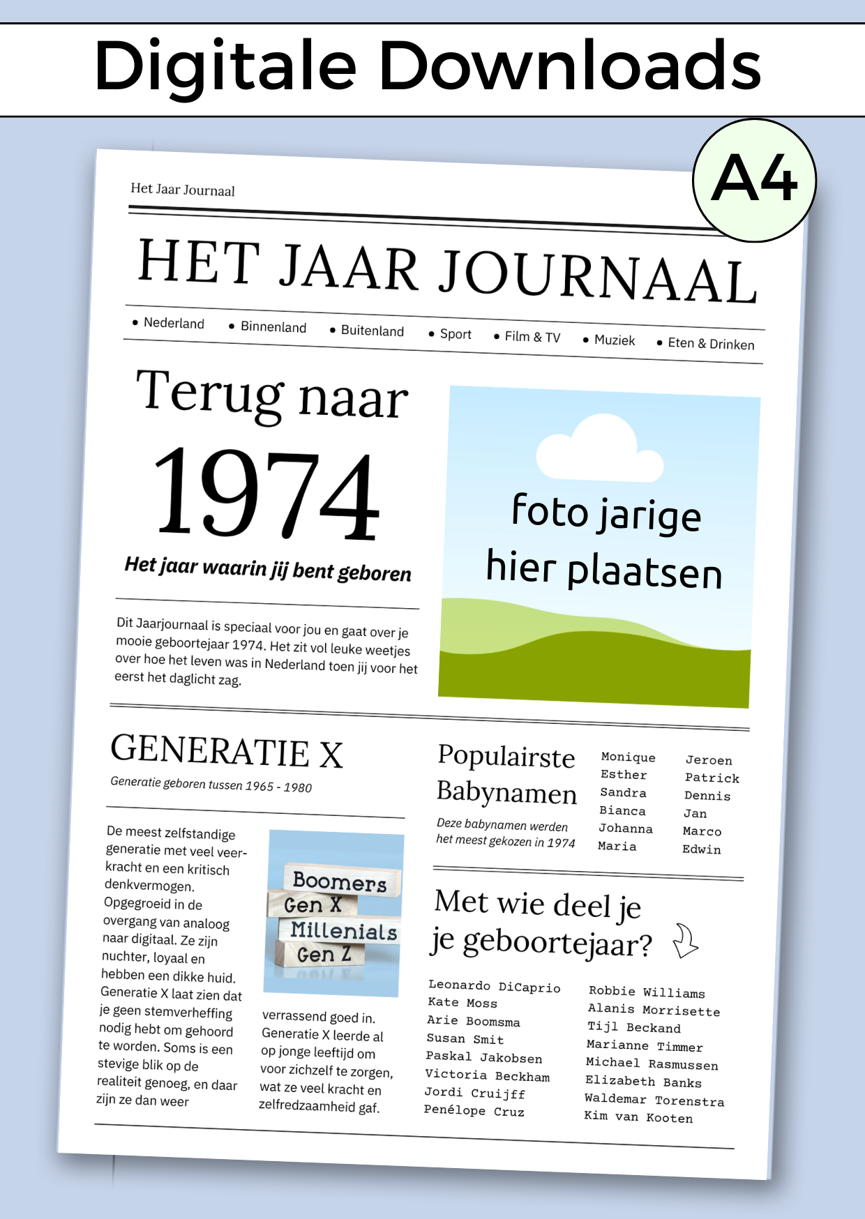 1974 Jaarjournaal voor verjaardag man is een digitale download. De inhoud is 12 pagina’s in A4 formaat. Om zelf uit te printen en eventueel samen met cadeaubonnen te geven in een A4 showmap. Maar je kunt het natuurlijk ook op A3 formaat laten printen voor een echte krant look. Een super origineel cadeau vol nostalgie voor de jarige!