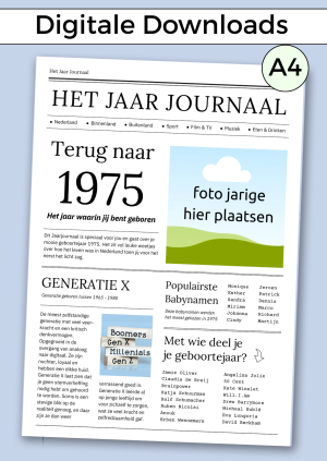 1975 Jaarjournaal voor verjaardag man is een digitale download. De inhoud is 12 pagina’s in A4 formaat. Om zelf uit te printen en eventueel samen met cadeaubonnen te geven in een A4 showmap. Maar je kunt het natuurlijk ook op A3 formaat laten printen voor een echte krant look. Een super origineel cadeau vol nostalgie voor de jarige!