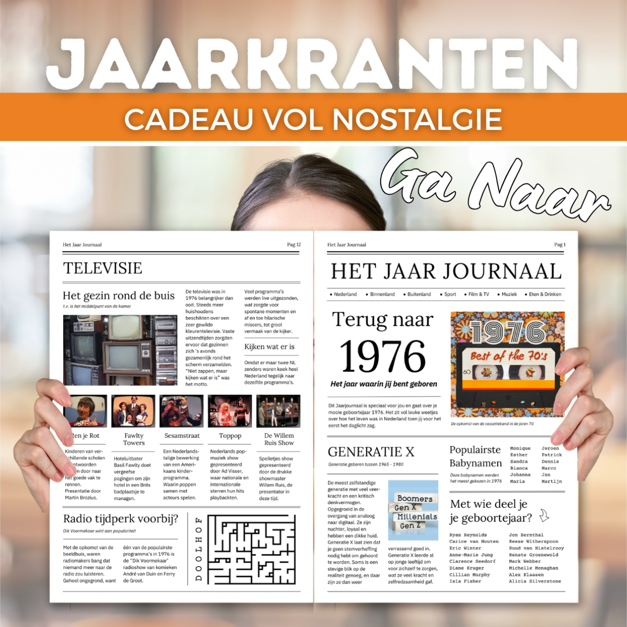 Jaarjournaal voor verjaardag man of vrouw is een digitale download. De inhoud is 12 pagina’s in A4 formaat. Om zelf uit te printen en eventueel samen met cadeaubonnen te geven in een A4 showmap. Maar je kunt het natuurlijk ook op A3 formaat laten printen voor een echte krant look. Een super origineel cadeau vol nostalgie voor de jarige!