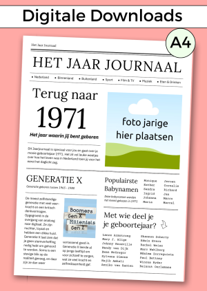 1971 Jaarjournaal voor verjaardag vrouw is een digitale download. De inhoud is 12 pagina’s in A4 formaat. Om zelf uit te printen en eventueel samen met cadeaubonnen te geven in een A4 showmap. Maar je kunt het natuurlijk ook op A3 formaat laten printen voor een echte krant look. Een super origineel cadeau vol nostalgie voor de jarige!