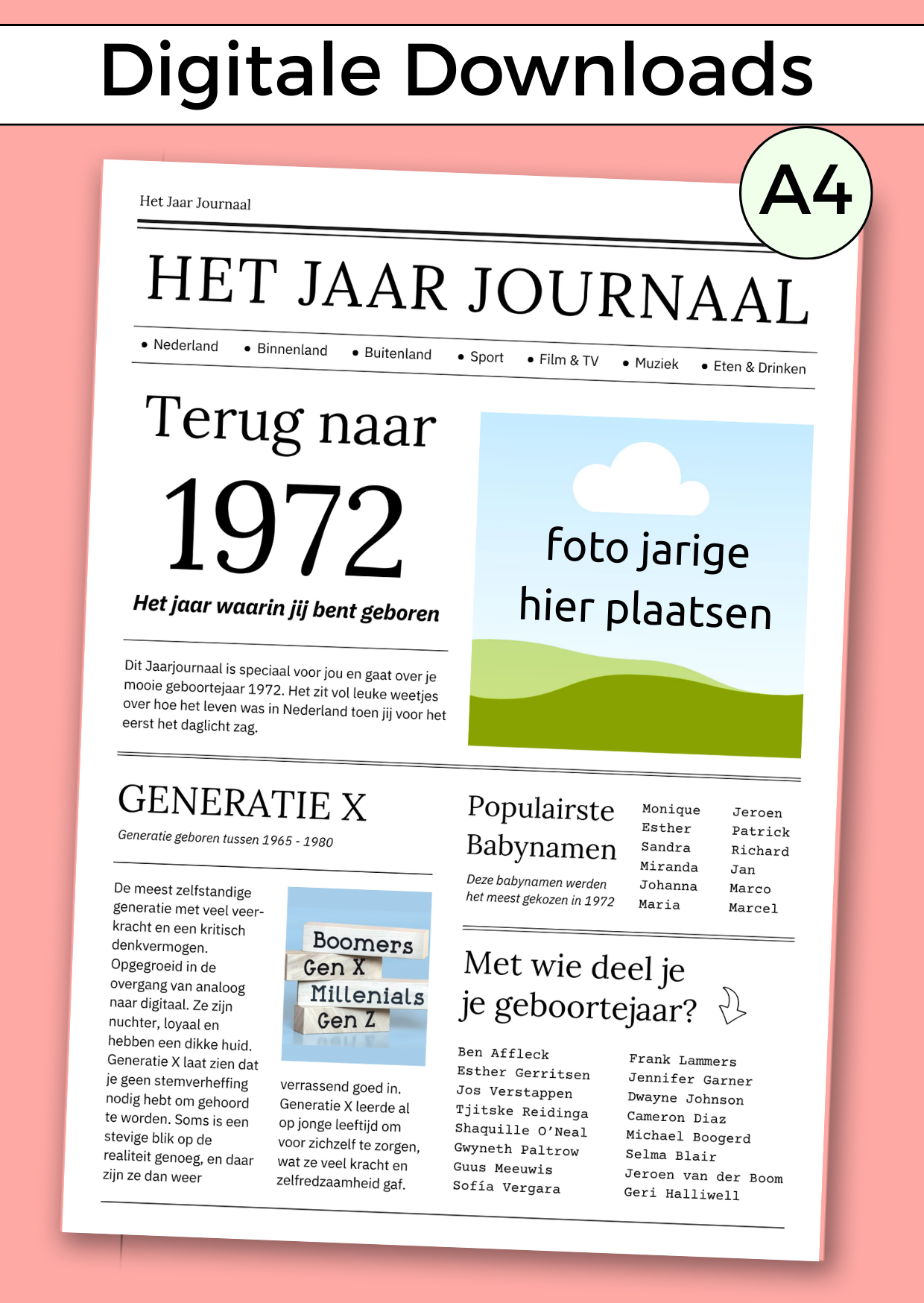 1972 Jaarjournaal voor verjaardag vrouw is een digitale download. De inhoud is 12 pagina’s in A4 formaat. Om zelf uit te printen en eventueel samen met cadeaubonnen te geven in een A4 showmap. Maar je kunt het natuurlijk ook op A3 formaat laten printen voor een echte krant look. Een super origineel cadeau vol nostalgie voor de jarige!