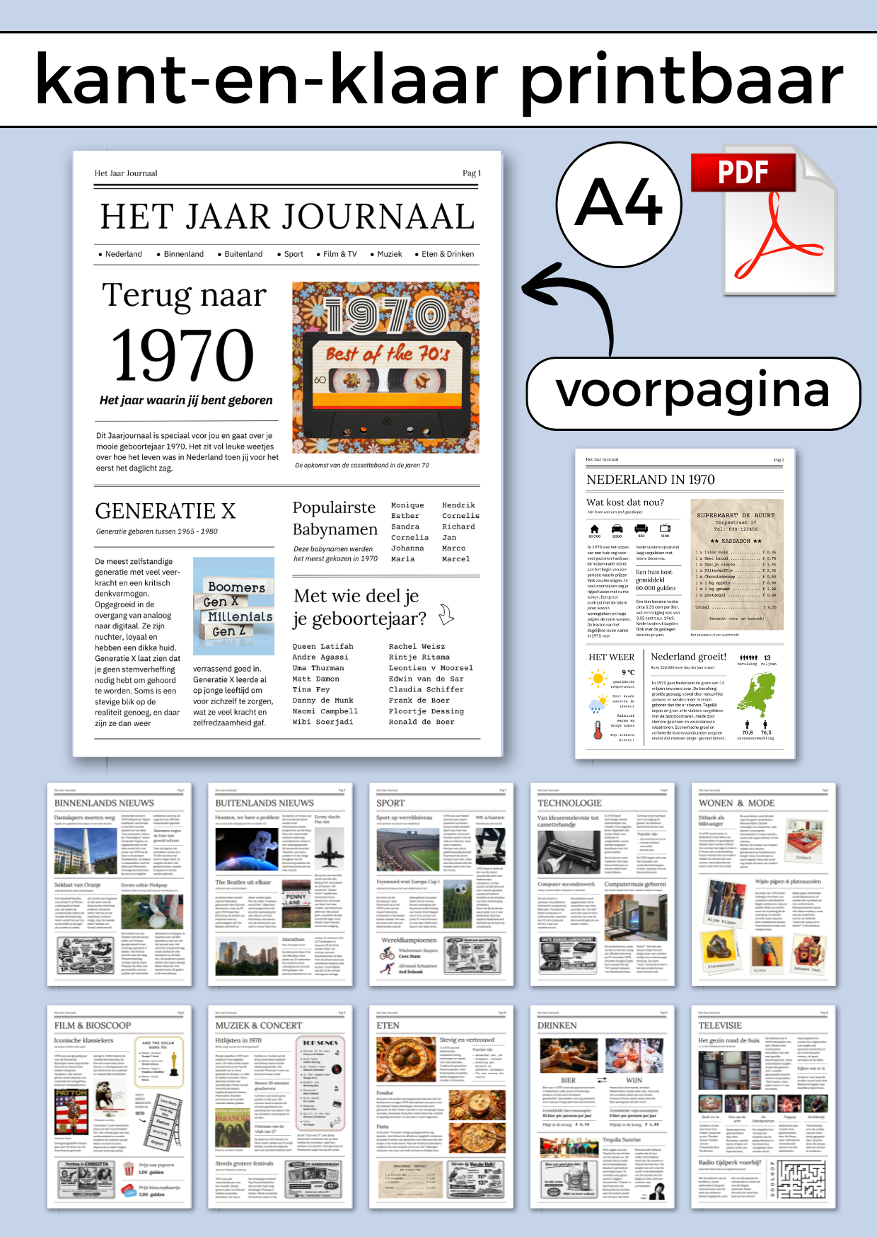 1970 Jaarjournaal voor verjaardag man is een digitale download. De inhoud is 12 pagina’s in A4 formaat. Om zelf uit te printen en eventueel samen met cadeaubonnen te geven in een A4 showmap. Maar je kunt het natuurlijk ook op A3 formaat laten printen voor een echte krant look. Een super origineel cadeau vol nostalgie voor de jarige!