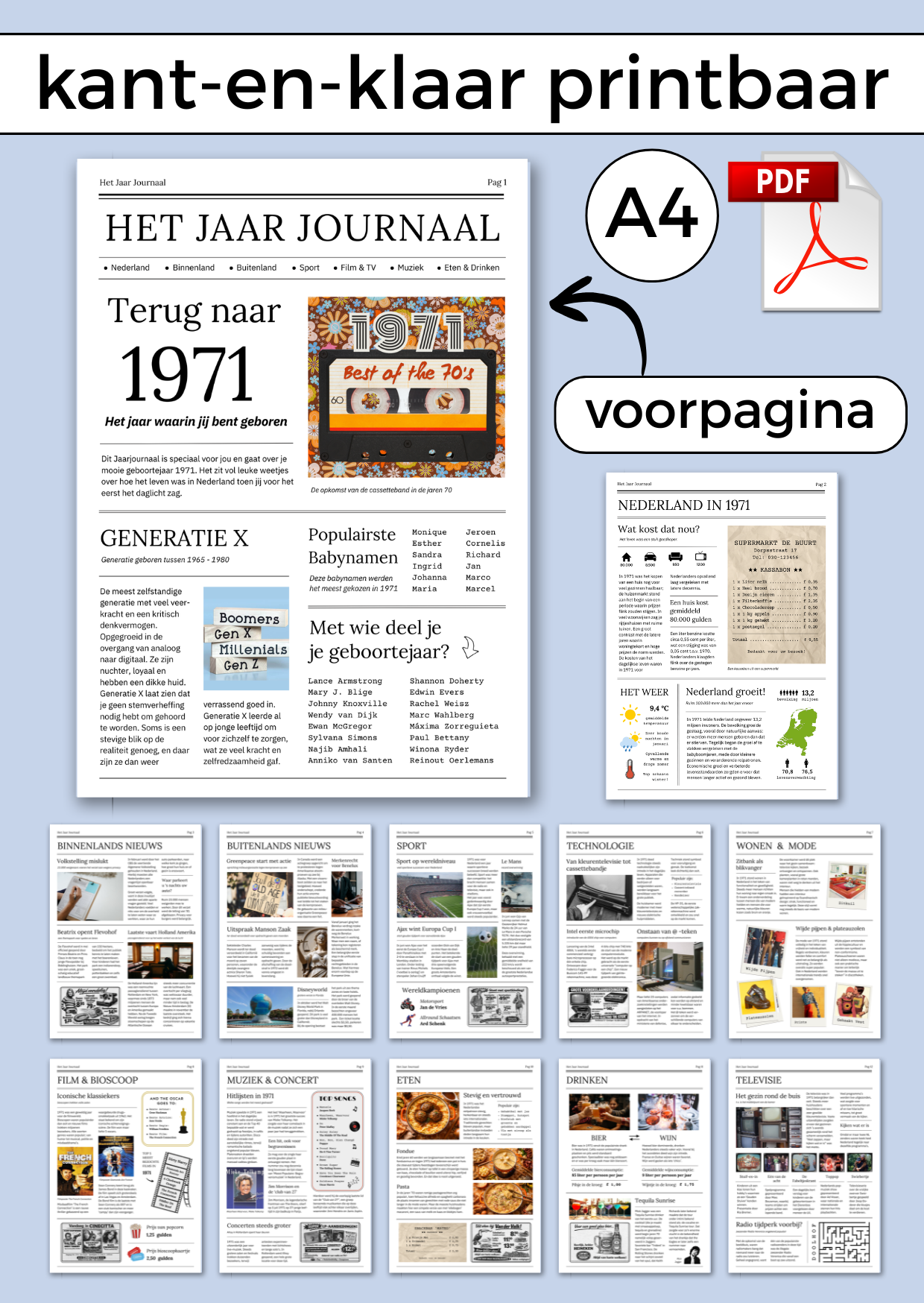 1971 Jaarjournaal voor verjaardag man is een digitale download. De inhoud is 12 pagina’s in A4 formaat. Om zelf uit te printen en eventueel samen met cadeaubonnen te geven in een A4 showmap. Maar je kunt het natuurlijk ook op A3 formaat laten printen voor een echte krant look. Een super origineel cadeau vol nostalgie voor de jarige!