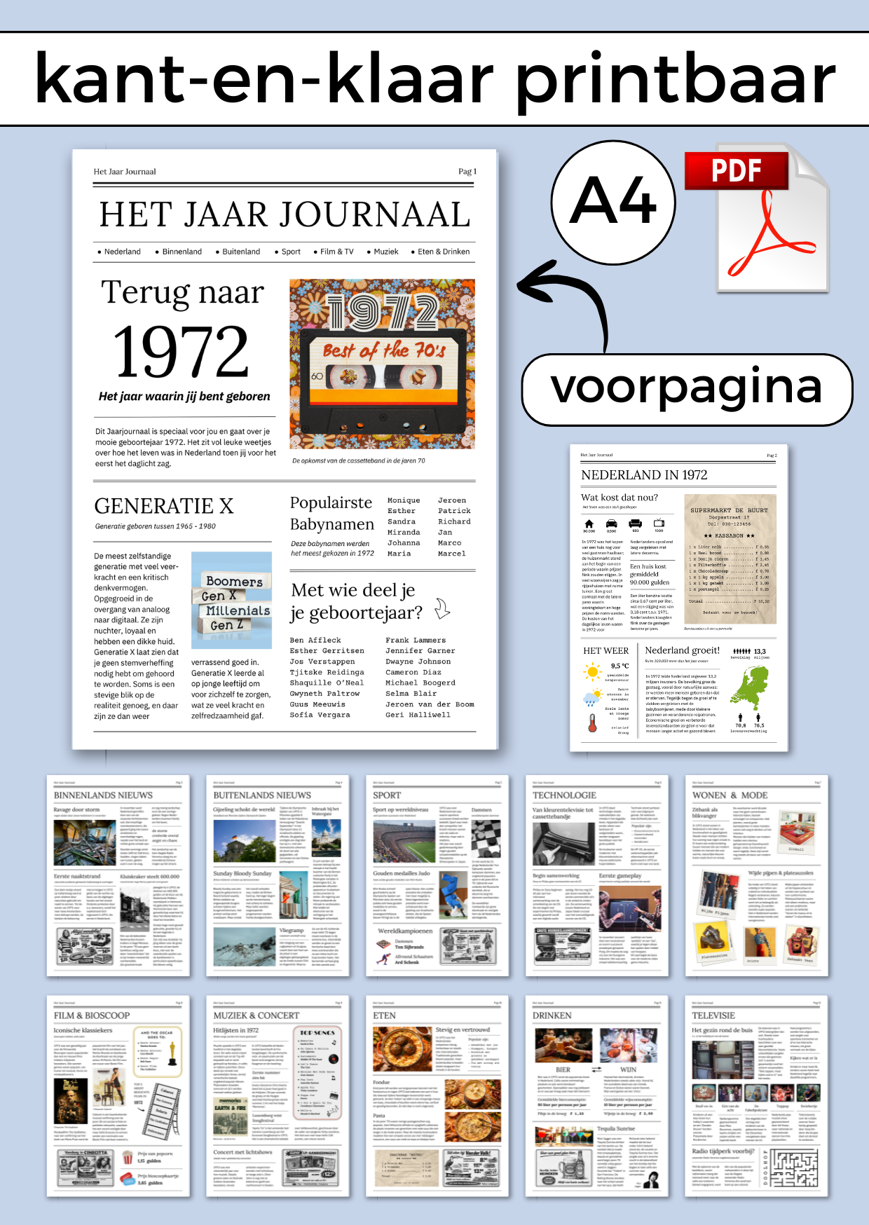 1972 Jaarjournaal voor verjaardag man is een digitale download. De inhoud is 12 pagina’s in A4 formaat. Om zelf uit te printen en eventueel samen met cadeaubonnen te geven in een A4 showmap. Maar je kunt het natuurlijk ook op A3 formaat laten printen voor een echte krant look. Een super origineel cadeau vol nostalgie voor de jarige!