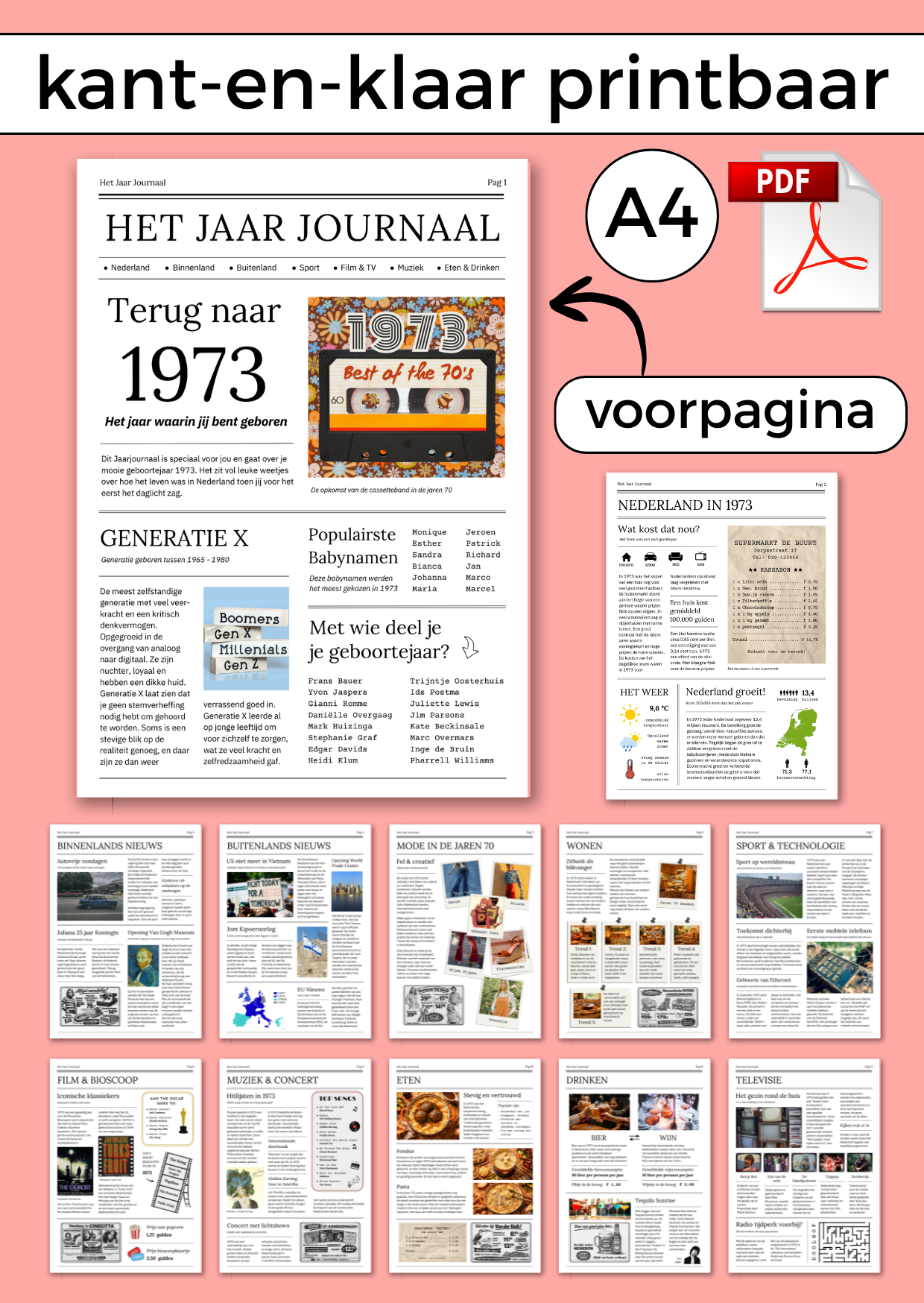 1973 Jaarjournaal voor verjaardag vrouw is een digitale download. De inhoud is 12 pagina’s in A4 formaat. Om zelf uit te printen en eventueel samen met cadeaubonnen te geven in een A4 showmap. Maar je kunt het natuurlijk ook op A3 formaat laten printen voor een echte krant look. Een super origineel cadeau vol nostalgie voor de jarige!
