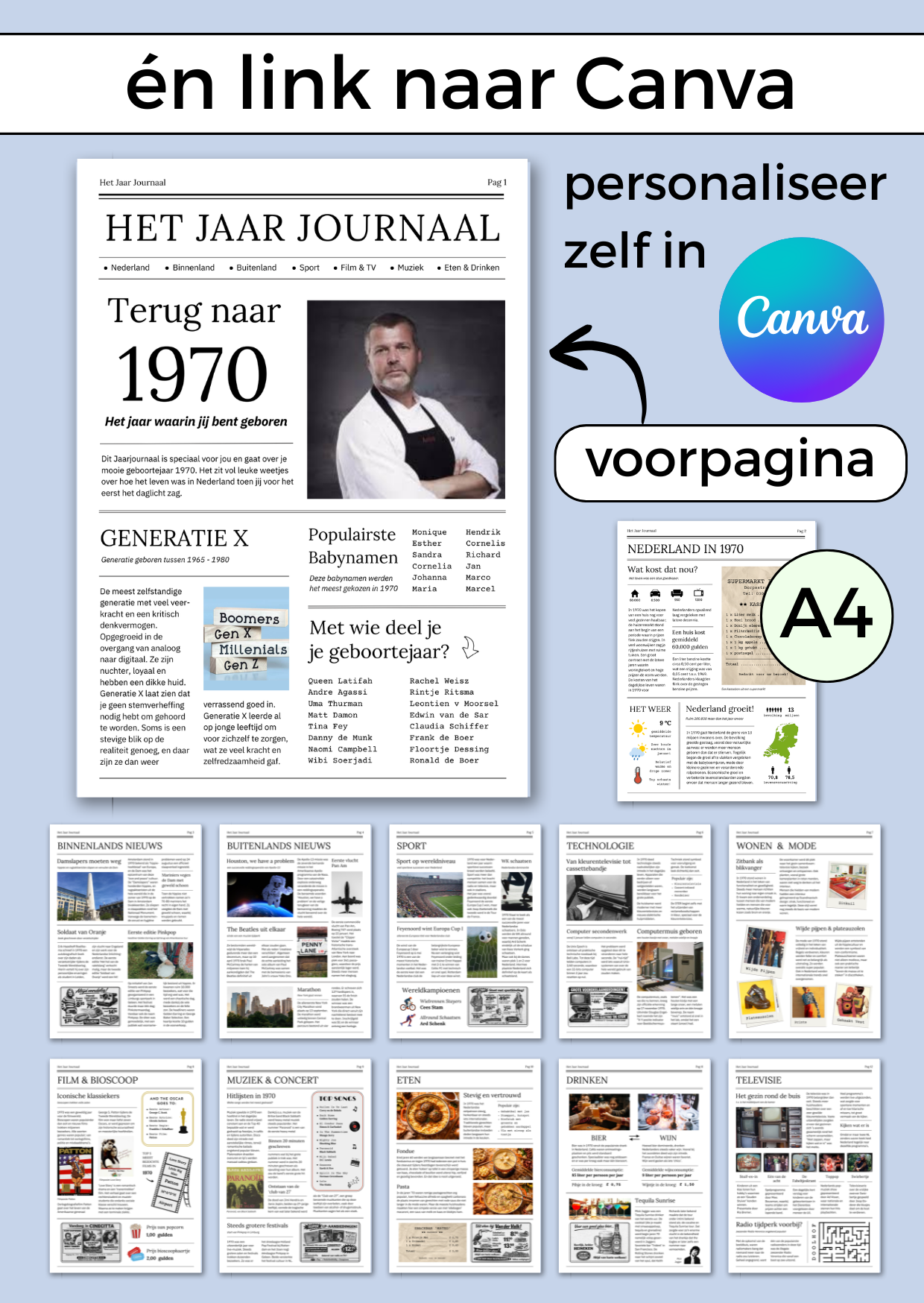 1970 Jaarjournaal voor verjaardag man is een digitale download. De inhoud is 12 pagina’s in A4 formaat. Om zelf uit te printen en eventueel samen met cadeaubonnen te geven in een A4 showmap. Maar je kunt het natuurlijk ook op A3 formaat laten printen voor een echte krant look. Een super origineel cadeau vol nostalgie voor de jarige!