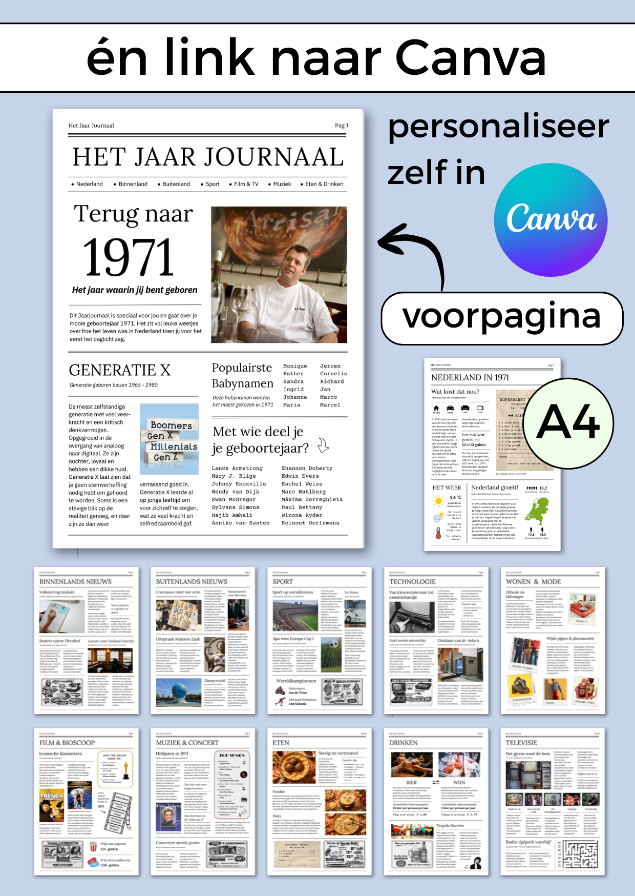 1971 Jaarjournaal voor verjaardag man is een digitale download. De inhoud is 12 pagina’s in A4 formaat. Om zelf uit te printen en eventueel samen met cadeaubonnen te geven in een A4 showmap. Maar je kunt het natuurlijk ook op A3 formaat laten printen voor een echte krant look. Een super origineel cadeau vol nostalgie voor de jarige!