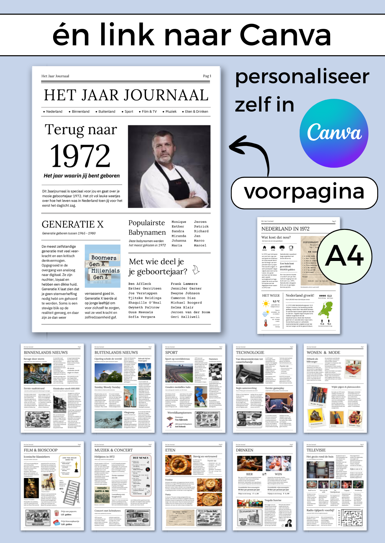 1972 Jaarjournaal voor verjaardag man is een digitale download. De inhoud is 12 pagina’s in A4 formaat. Om zelf uit te printen en eventueel samen met cadeaubonnen te geven in een A4 showmap. Maar je kunt het natuurlijk ook op A3 formaat laten printen voor een echte krant look. Een super origineel cadeau vol nostalgie voor de jarige!