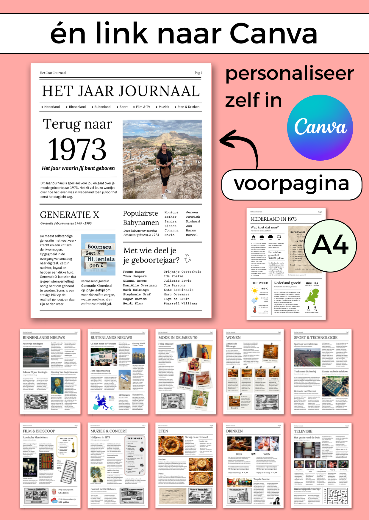 1973 Jaarjournaal voor verjaardag vrouw is een digitale download. De inhoud is 12 pagina’s in A4 formaat. Om zelf uit te printen en eventueel samen met cadeaubonnen te geven in een A4 showmap. Maar je kunt het natuurlijk ook op A3 formaat laten printen voor een echte krant look. Een super origineel cadeau vol nostalgie voor de jarige!
