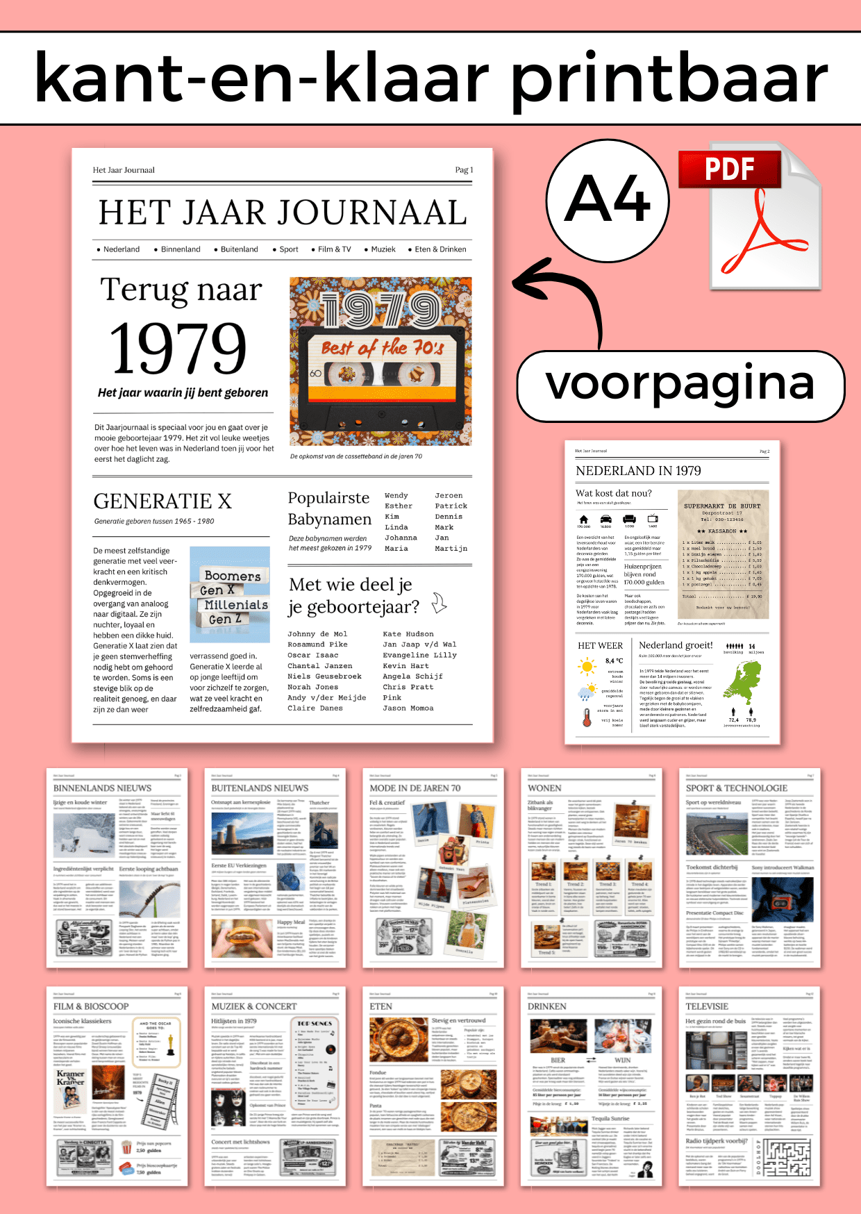 1979 Jaarjournaal voor verjaardag vrouw is een digitale download. De inhoud is 12 pagina’s in A4 formaat. Om zelf uit te printen en eventueel samen met cadeaubonnen te geven in een A4 showmap. Maar je kunt het natuurlijk ook op A3 formaat laten printen voor een echte krant look. Een super origineel cadeau vol nostalgie voor de jarige!