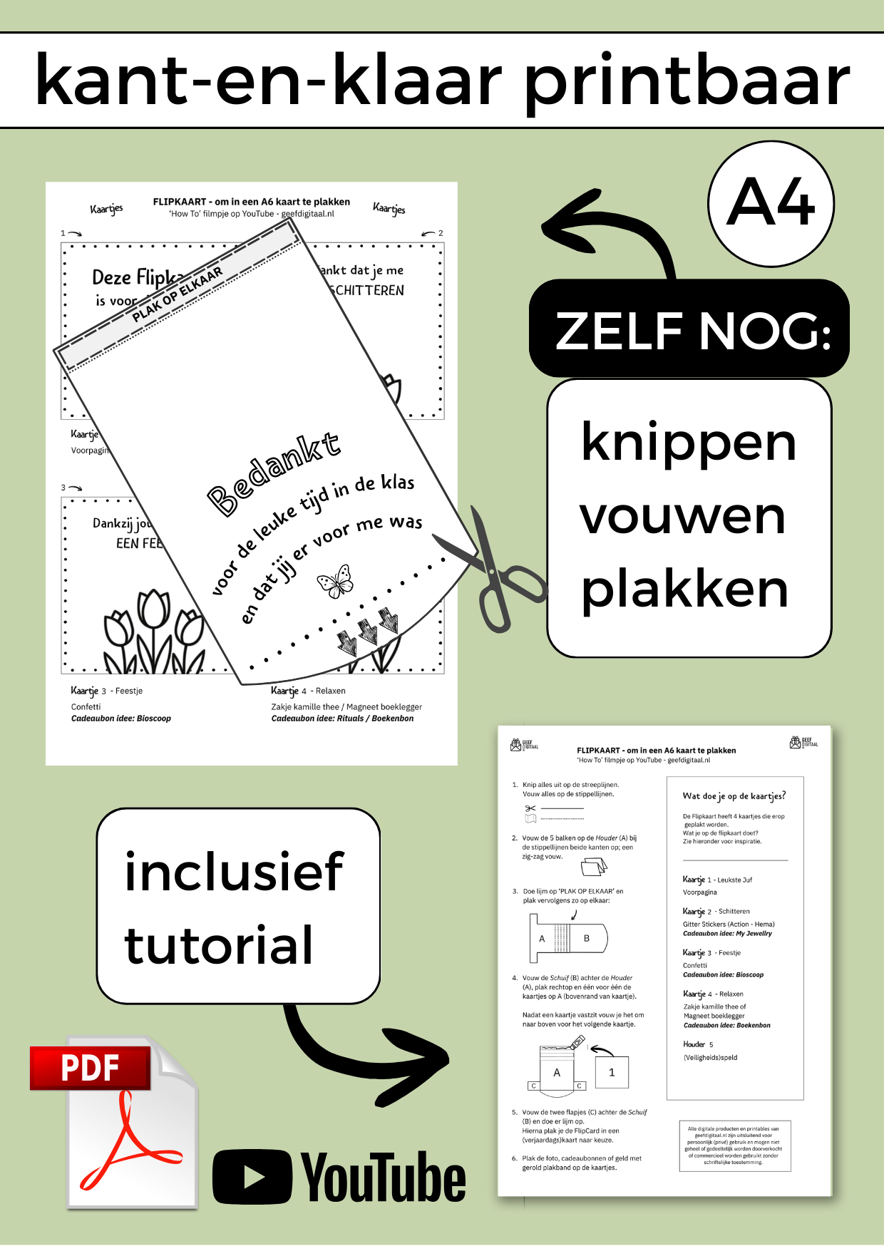 Flipkaart om een juf of meester op een originele manier te bedanken. Print de digitale download uit, daarna kun je het zelf uitknippen, vouwen en plakken. Voeg een cadeaubon en leuke voorwerpen toe en klaar!