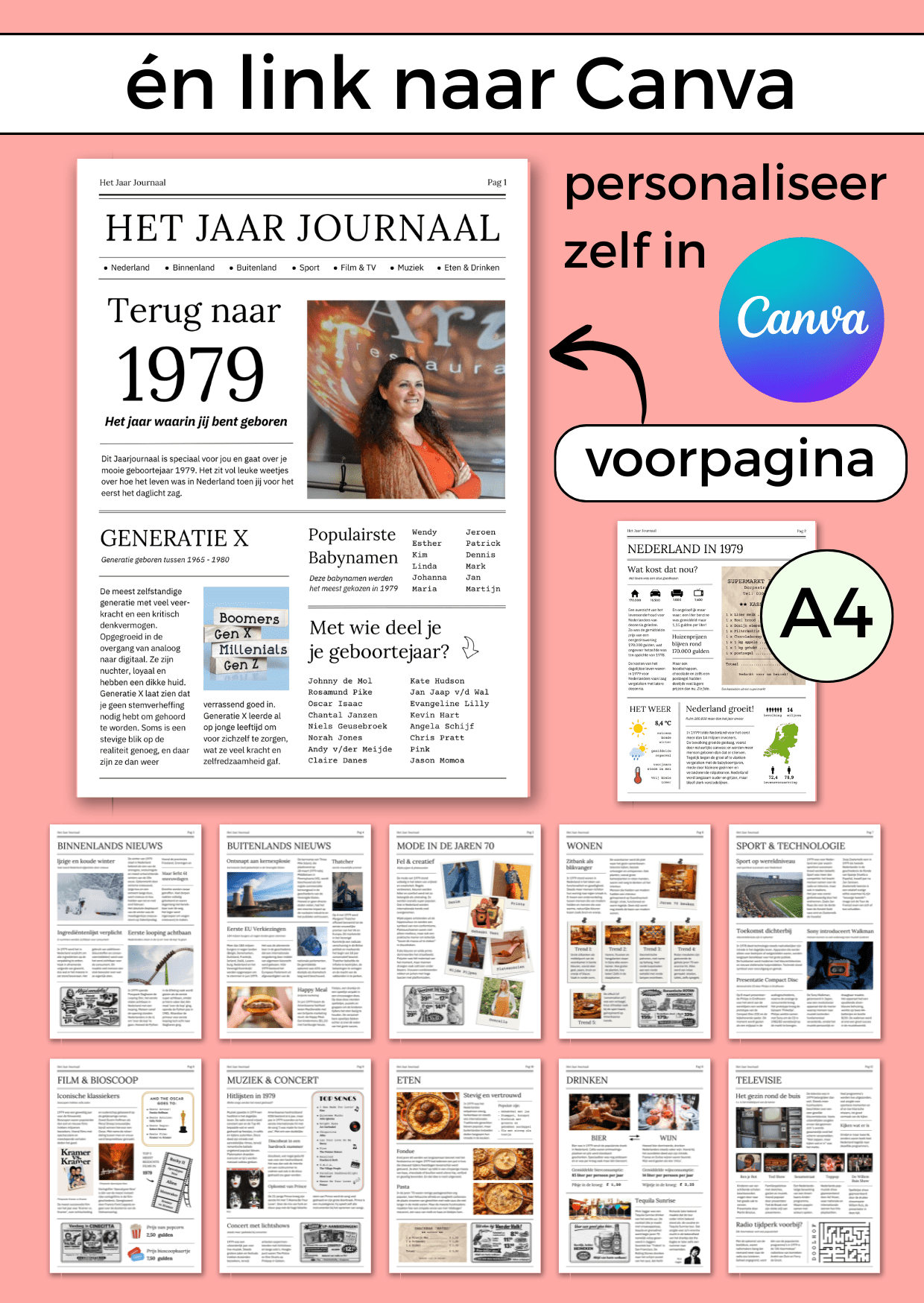 1979 Jaarjournaal voor verjaardag vrouw is een digitale download. De inhoud is 12 pagina’s in A4 formaat. Om zelf uit te printen en eventueel samen met cadeaubonnen te geven in een A4 showmap. Maar je kunt het natuurlijk ook op A3 formaat laten printen voor een echte krant look. Een super origineel cadeau vol nostalgie voor de jarige!