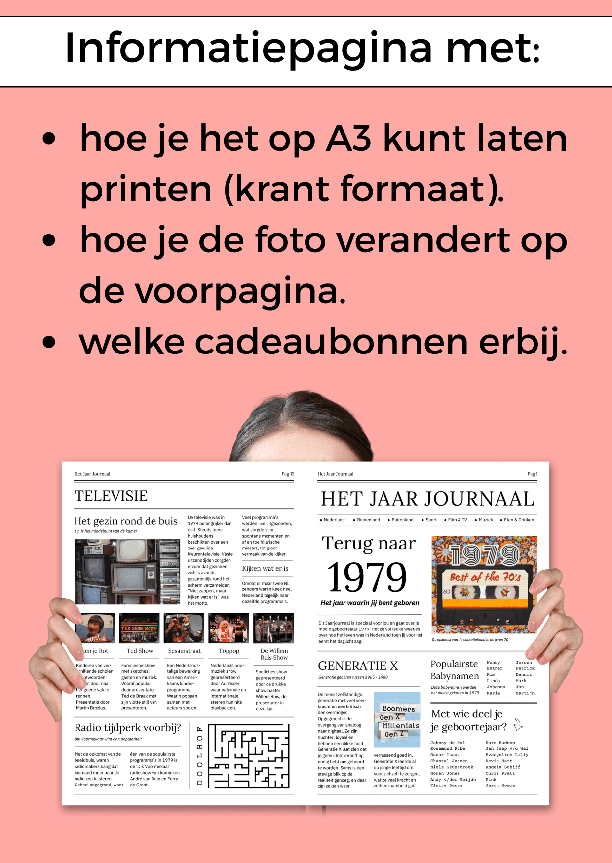 1979 Jaarjournaal voor verjaardag vrouw is een digitale download. De inhoud is 12 pagina’s in A4 formaat. Om zelf uit te printen en eventueel samen met cadeaubonnen te geven in een A4 showmap. Maar je kunt het natuurlijk ook op A3 formaat laten printen voor een echte krant look. Een super origineel cadeau vol nostalgie voor de jarige!