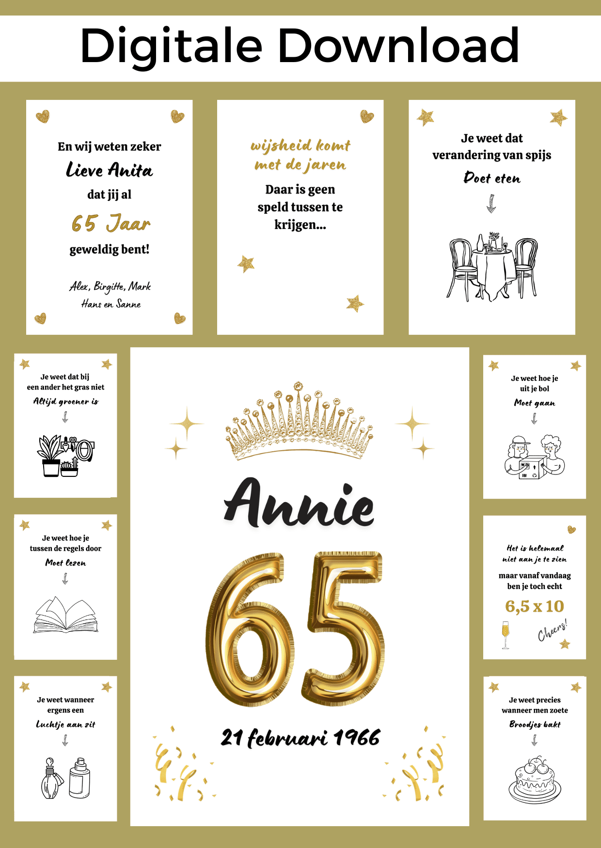 Bonboekje een vrouw die 65 jaar wordt. Een printbaar bestand, wat je zelf kunt uitprinten en in een insteek fotomapje doet samen met cadeaubonnen. Het bestand is bewerkbaar in Canva om te personaliseren.