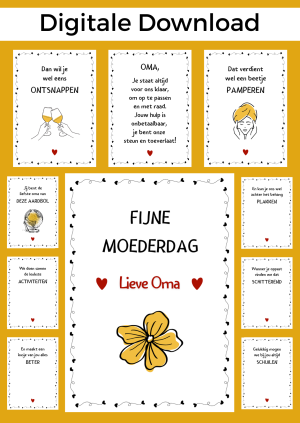 Bonboekje oma moederdag is een perfect cadeau om namens de kleinkinderen te geven voor moederdag. Een printbaar bestand, wat je zelf kunt uitprinten en in een insteek fotomapje doet samen met cadeaubonnen. Het bestand is bewerkbaar in Canva om te personaliseren.