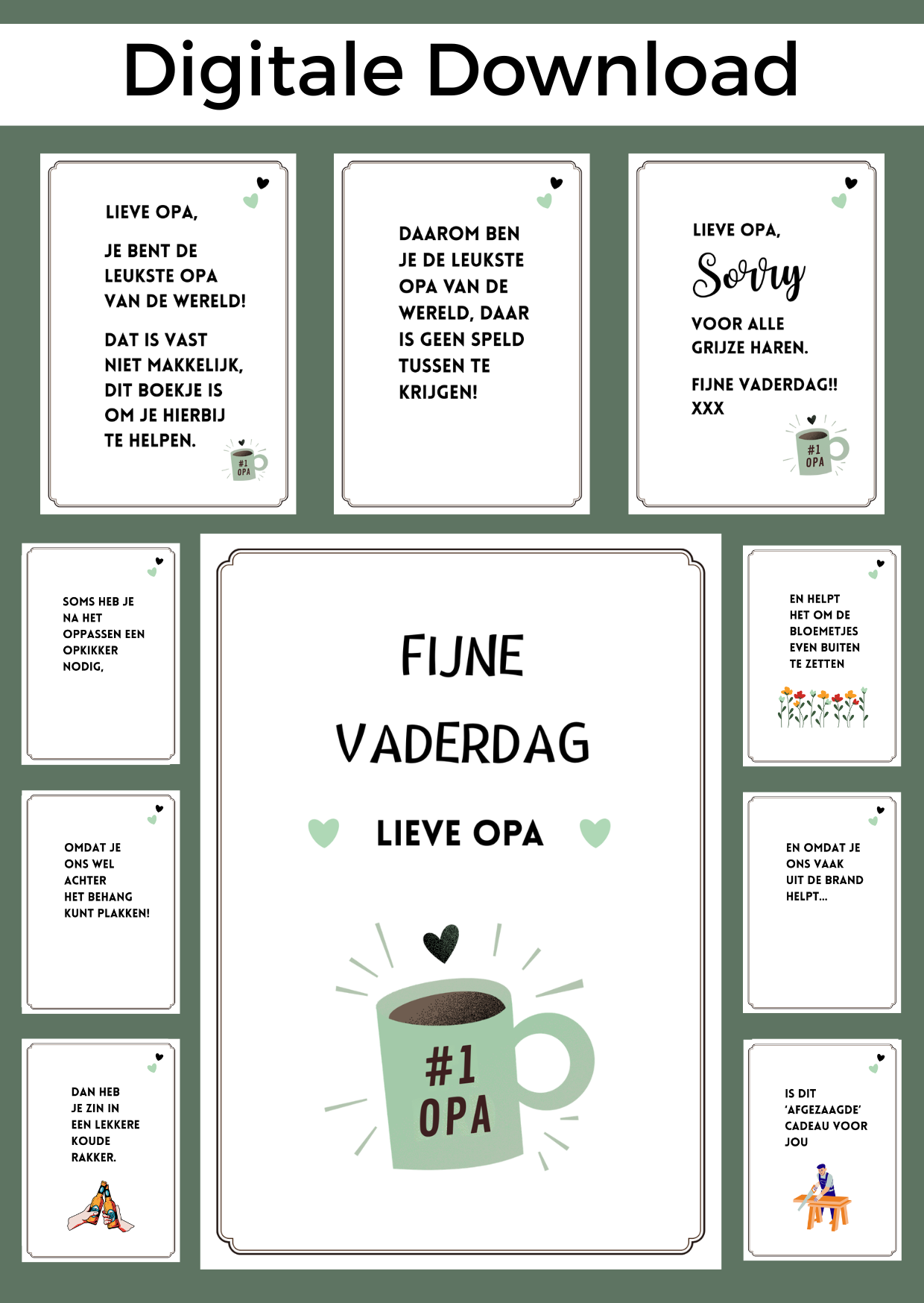 Bonboekje opa vaderdag is een perfect cadeau om namens de kleinkinderen te geven voor vaderdag. Een printbaar bestand, wat je zelf kunt uitprinten en in een insteek fotomapje doet samen met cadeaubonnen. Het bestand is bewerkbaar in Canva om te personaliseren.