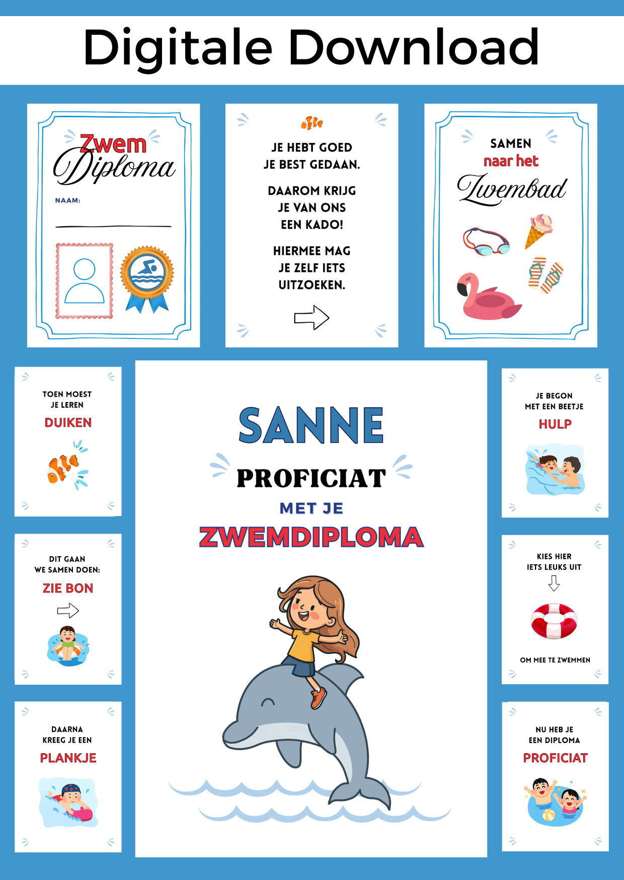 Bonboekje zwemdiploma meisje is een perfect cadeau om te geven als het zwemdiploma behaald is! Een printbaar bestand, wat je zelf kunt uitprinten en in een insteek fotomapje doet samen met cadeaubonnen. Het bestand is bewerkbaar in Canva om te personaliseren.