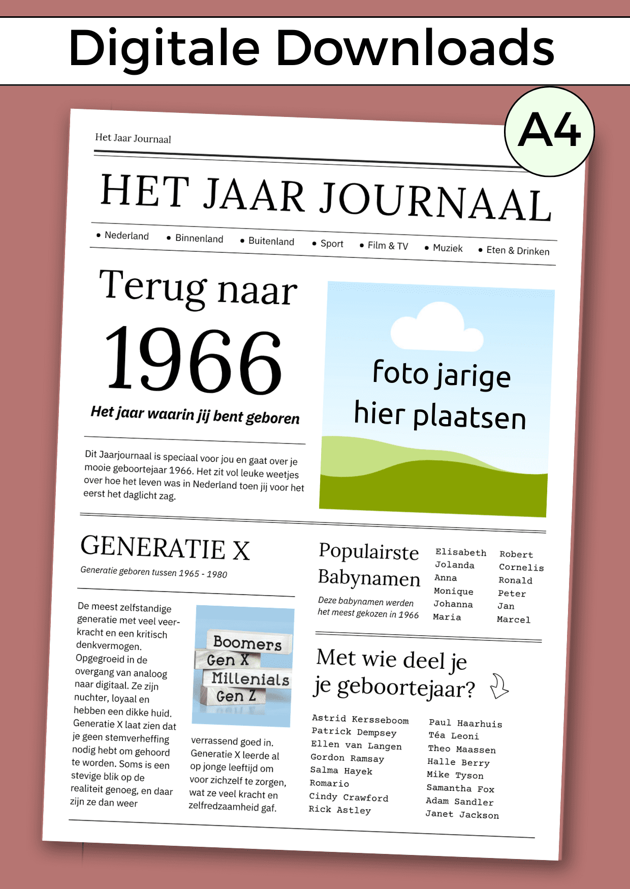 1966 Jaarjournaal voor verjaardag vrouw is een digitale download. De inhoud is 12 pagina’s in A4 formaat. Om zelf uit te printen en eventueel samen met cadeaubonnen te geven in een A4 showmap. Maar je kunt het natuurlijk ook op A3 formaat laten printen voor een echte krant look. Een super origineel cadeau vol nostalgie voor de jarige!