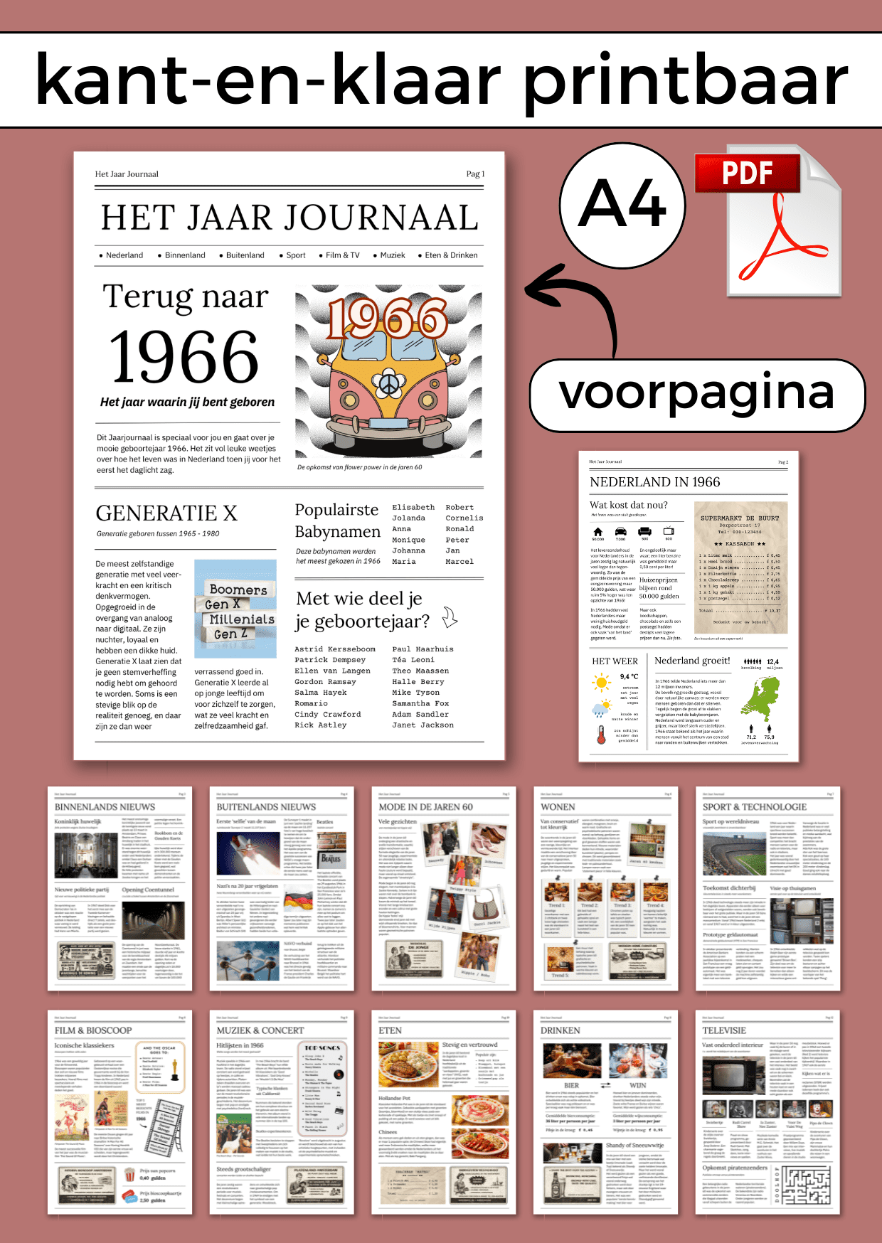 1966 Jaarjournaal voor verjaardag vrouw is een digitale download. De inhoud is 12 pagina’s in A4 formaat. Om zelf uit te printen en eventueel samen met cadeaubonnen te geven in een A4 showmap. Maar je kunt het natuurlijk ook op A3 formaat laten printen voor een echte krant look. Een super origineel cadeau vol nostalgie voor de jarige!