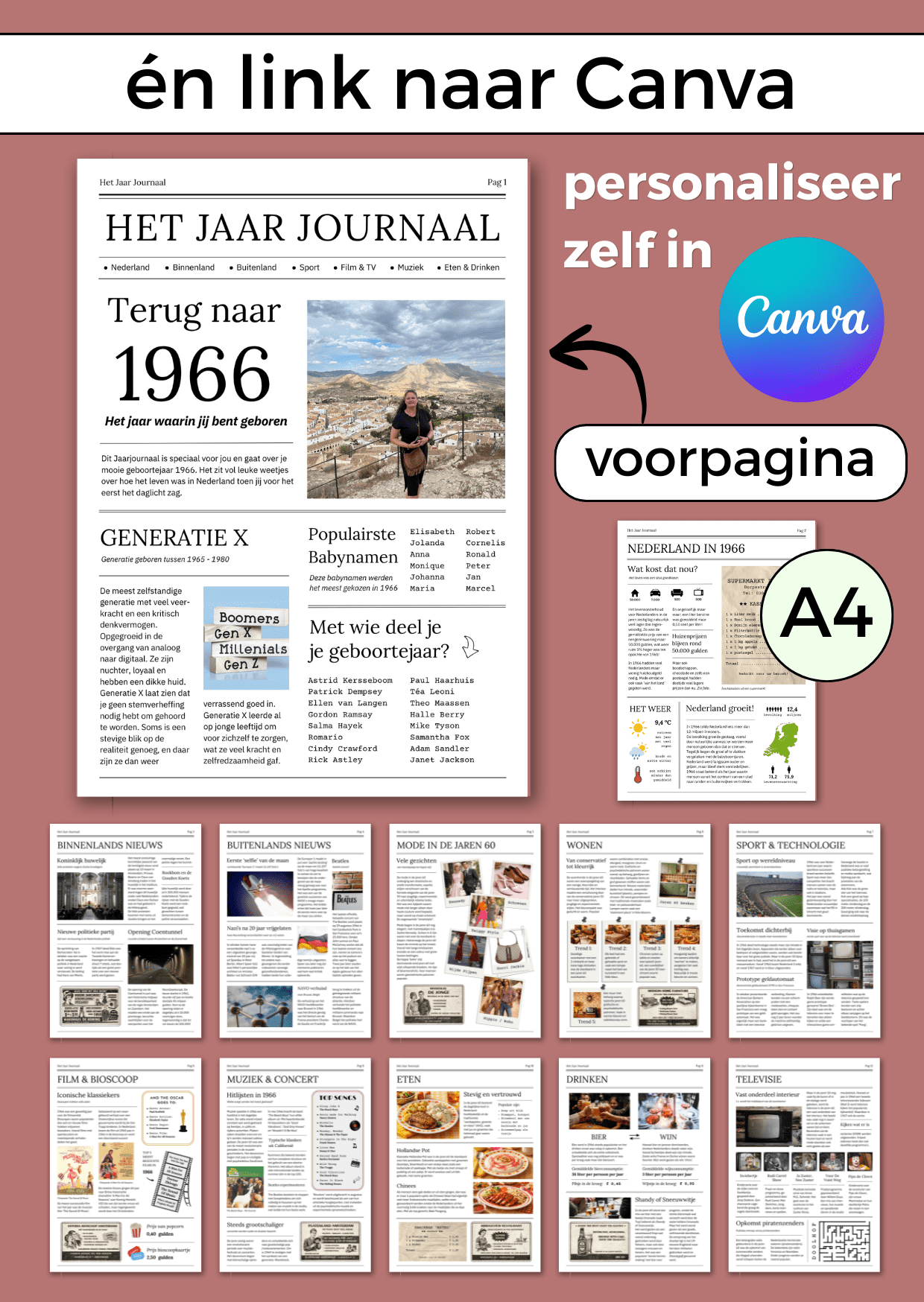 1966 Jaarjournaal voor verjaardag vrouw is een digitale download. De inhoud is 12 pagina’s in A4 formaat. Om zelf uit te printen en eventueel samen met cadeaubonnen te geven in een A4 showmap. Maar je kunt het natuurlijk ook op A3 formaat laten printen voor een echte krant look. Een super origineel cadeau vol nostalgie voor de jarige!