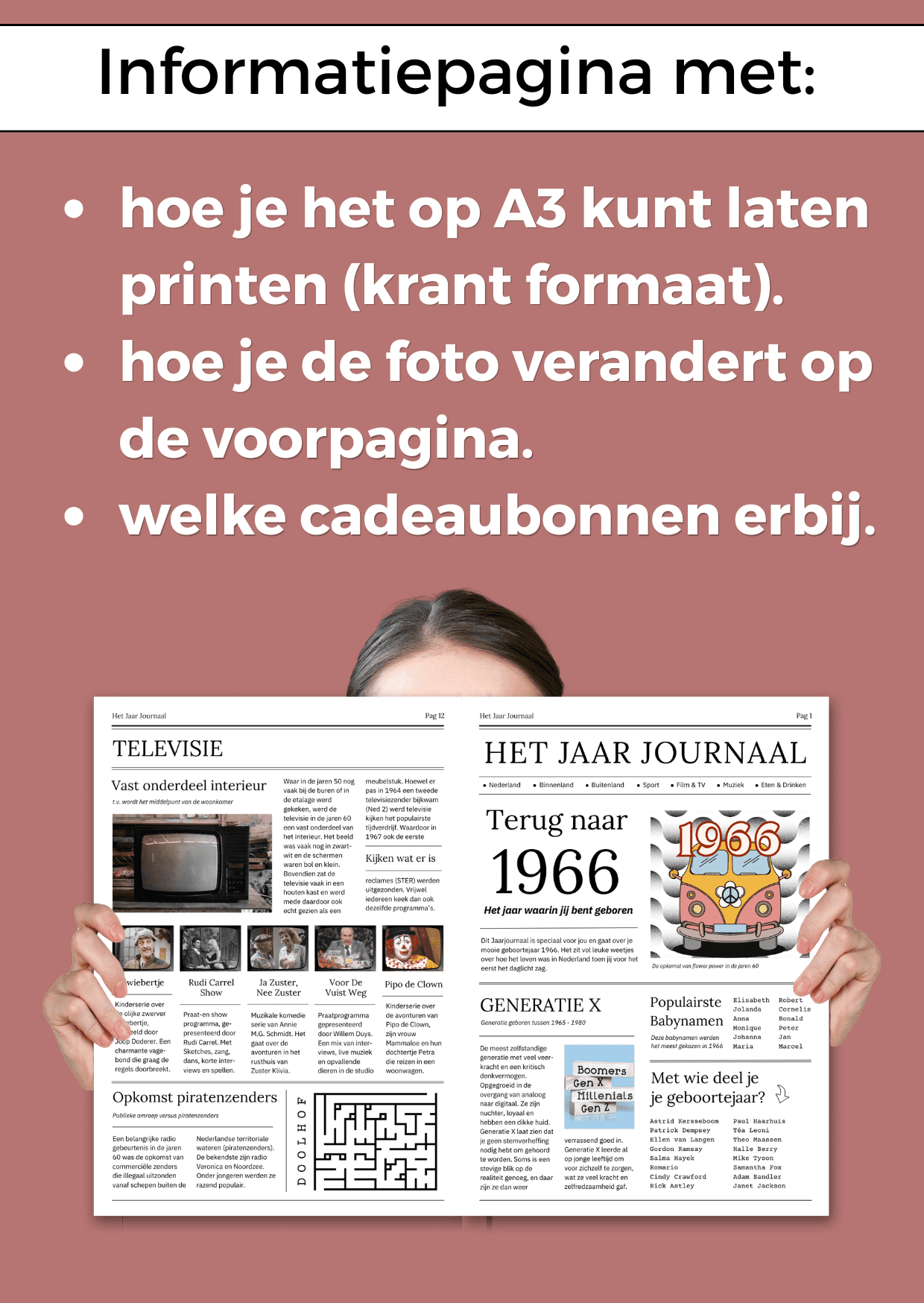 1966 Jaarjournaal voor verjaardag vrouw is een digitale download. De inhoud is 12 pagina’s in A4 formaat. Om zelf uit te printen en eventueel samen met cadeaubonnen te geven in een A4 showmap. Maar je kunt het natuurlijk ook op A3 formaat laten printen voor een echte krant look. Een super origineel cadeau vol nostalgie voor de jarige!