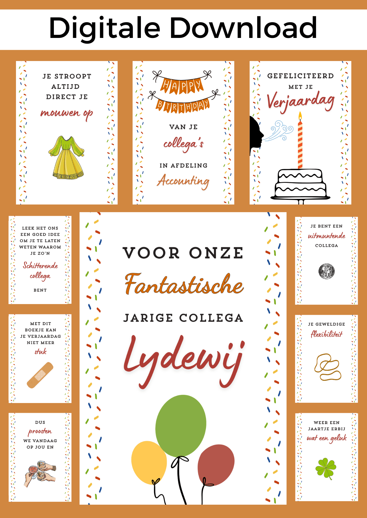Bonboekje voor een collega die jarig is. Een printbaar bestand, wat je zelf kunt uitprinten en in een insteek fotomapje doet samen met cadeaubonnen. Het bestand is bewerkbaar in Canva om te personaliseren.