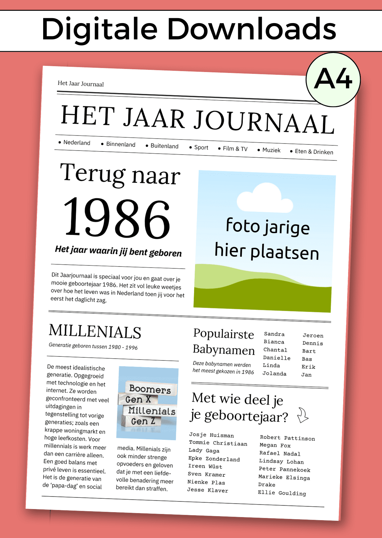 1986 Jaarjournaal voor verjaardag vrouw is een digitale download. De inhoud is 12 pagina’s in A4 formaat. Om zelf uit te printen en eventueel samen met cadeaubonnen te geven in een A4 showmap. Maar je kunt het natuurlijk ook op A3 formaat laten printen voor een echte krant look. Een super origineel cadeau vol nostalgie voor de jarige!