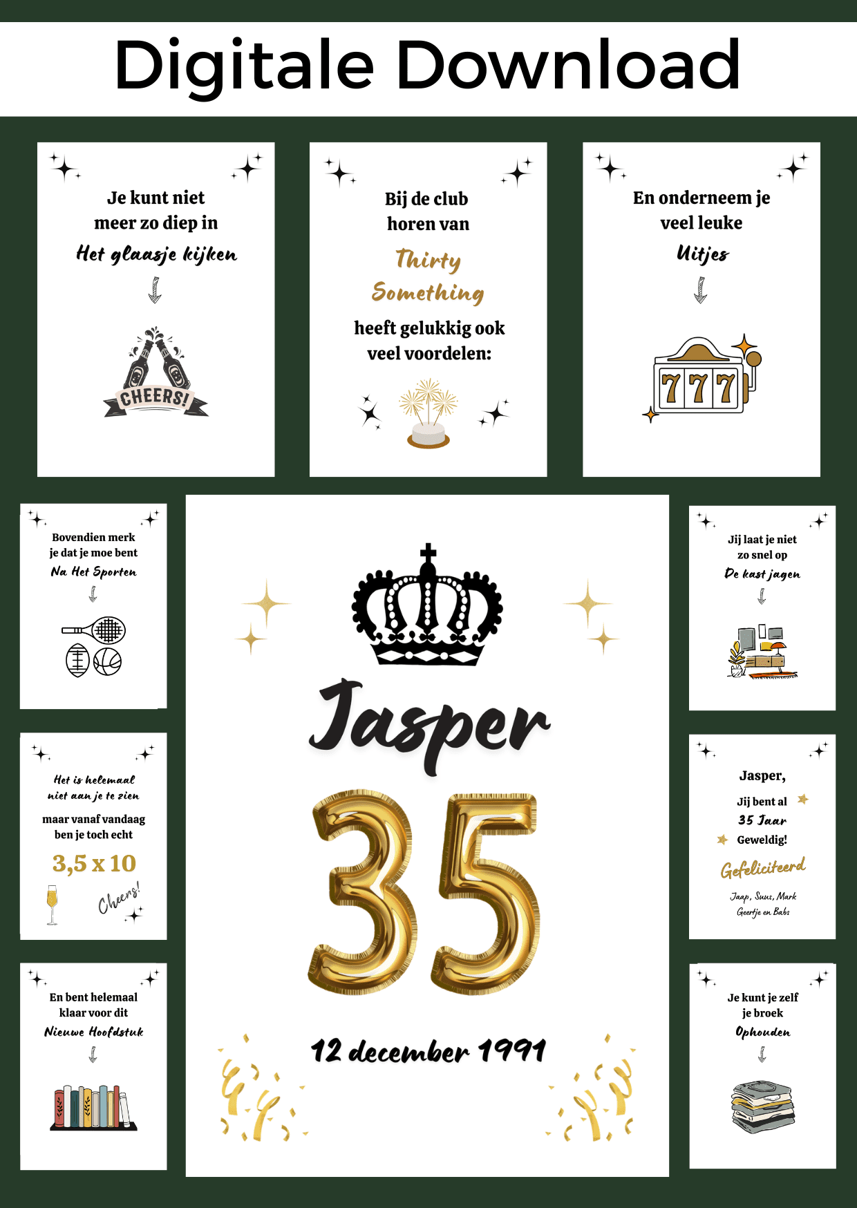 Bonboekje voor een man die 35 jaar wordt. Een printbaar bestand, wat je zelf kunt uitprinten en in een insteek fotomapje doet samen met cadeaubonnen. Het bestand is bewerkbaar in Canva om te personaliseren.