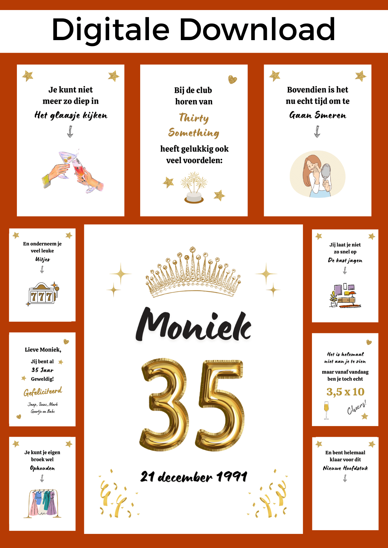Bonboekje een vrouw die 35 jaar wordt. Een printbaar bestand, wat je zelf kunt uitprinten en in een insteek fotomapje doet samen met cadeaubonnen. Het bestand is bewerkbaar in Canva om te personaliseren.