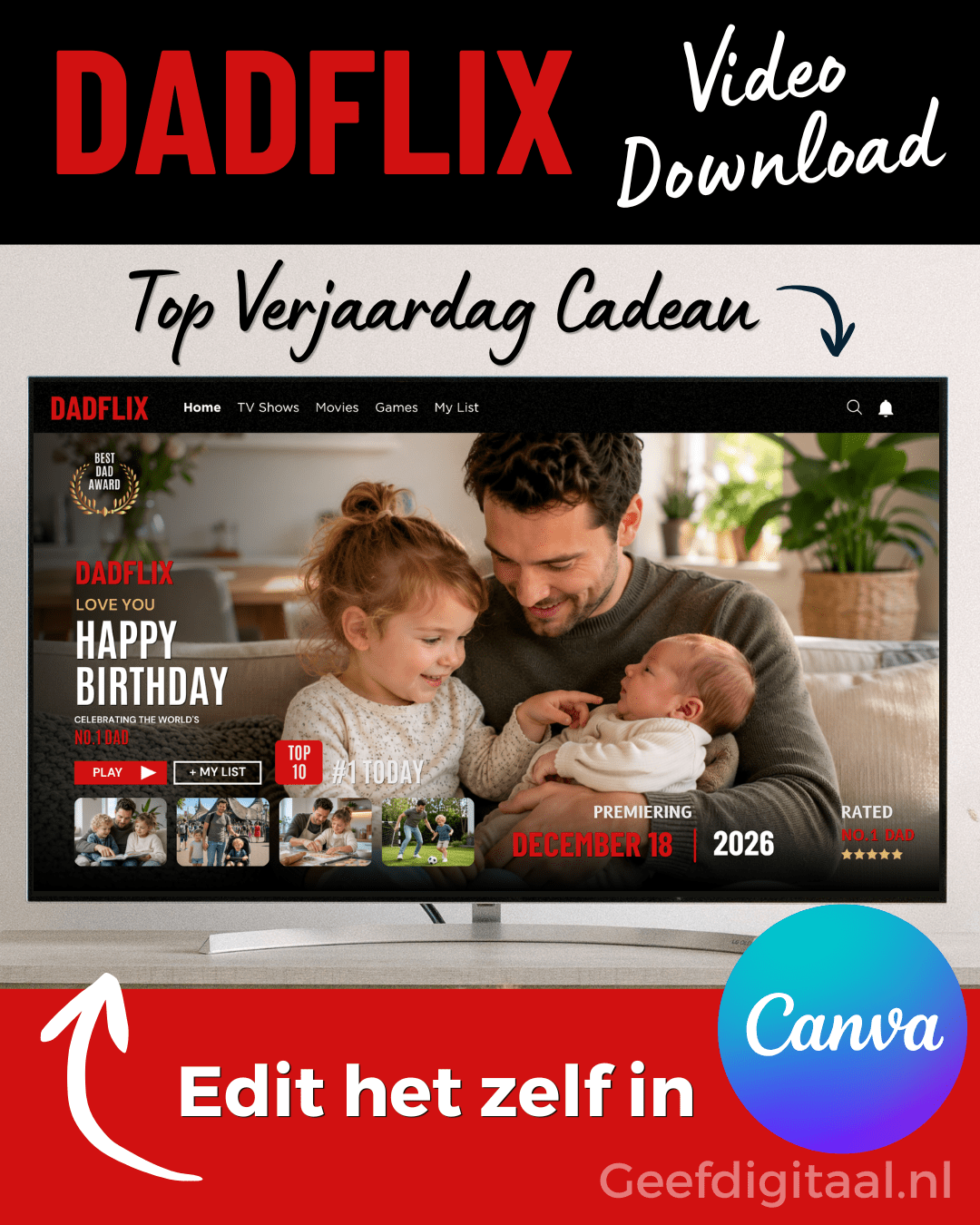 Dadflix Verjaardag - Een link naar een bewerkbare Canva Video Sjabloon om snel en gemakkelijk een indrukwekkende video te maken voor de verjaardag van je vader