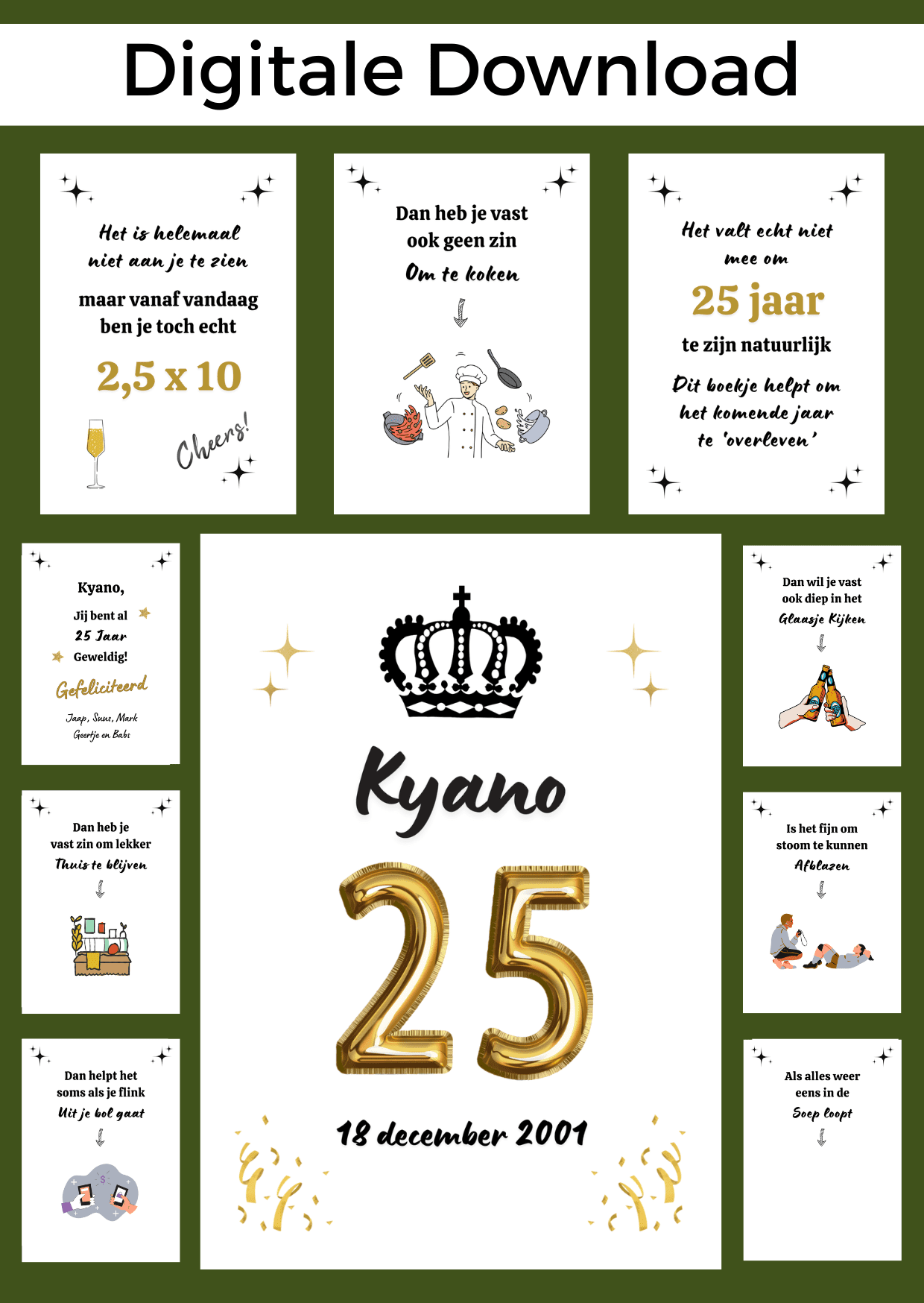 Bonboekje voor een man die 25 jaar wordt. Een printbaar bestand, wat je zelf kunt uitprinten en in een insteek fotomapje doet samen met cadeaubonnen. Het bestand is bewerkbaar in Canva om te personaliseren.